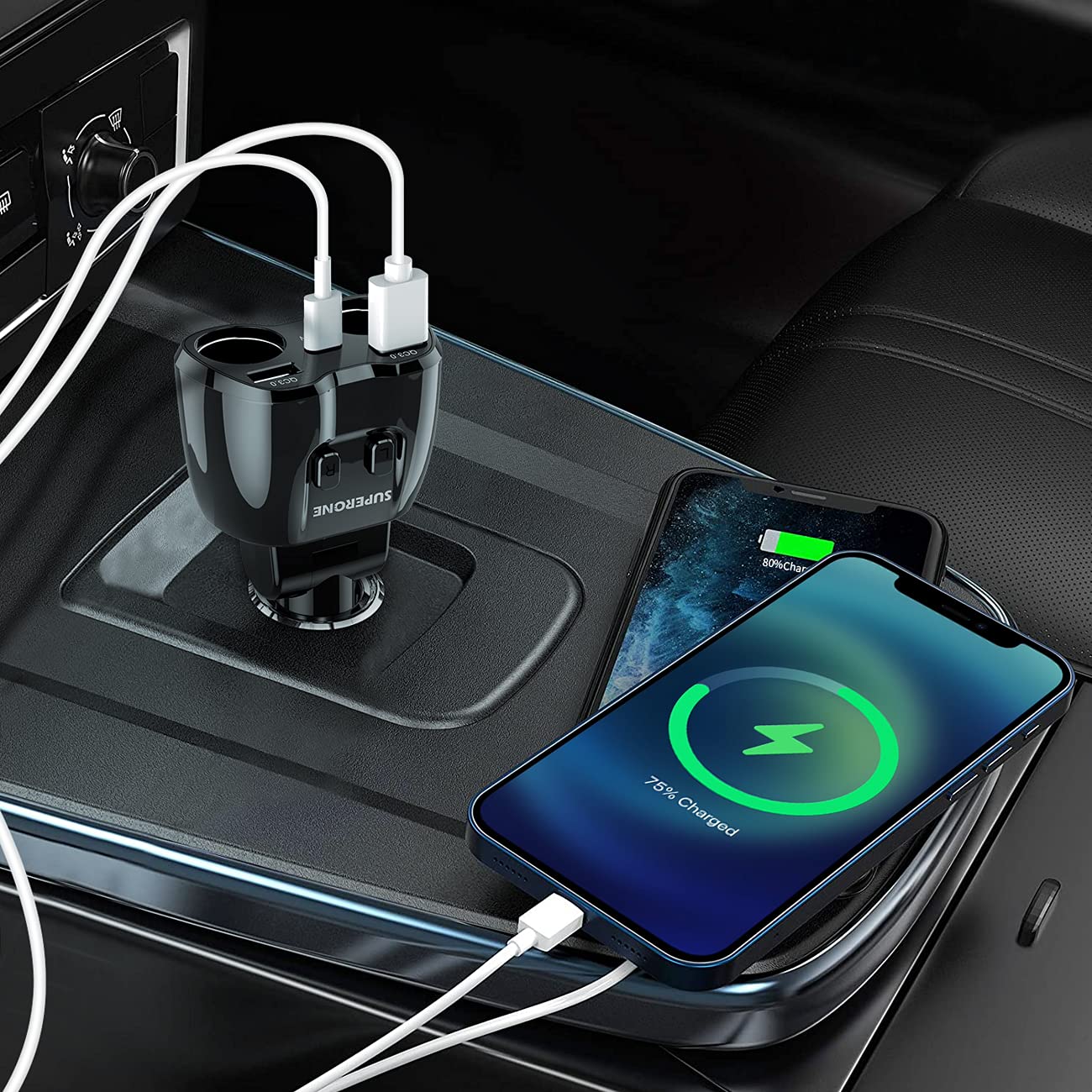 [2025 Upgraded] Cigarette Lighter Splitter, SUPERONE 180W 2-Socket Cigarette Lighter Adapter with Dual QC3.0 and 20W PD USB C Car Charger Splitter for GPS/Dash Cam/Laptop/iPad/iPhone 17/16/15/14/13/12