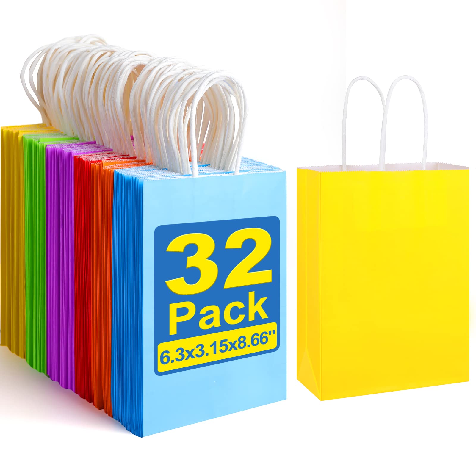 XPCARE 32Pcs Paper Gift Bags, 6.3"x3.15"x8.66" Kraft Paper Party Favor Bags Bulk Rainbow Goodie Bags Small Gift Bags with Handles for Kids Birthday Baby Shower Crafts Wedding Party Supplies (6 Colors)