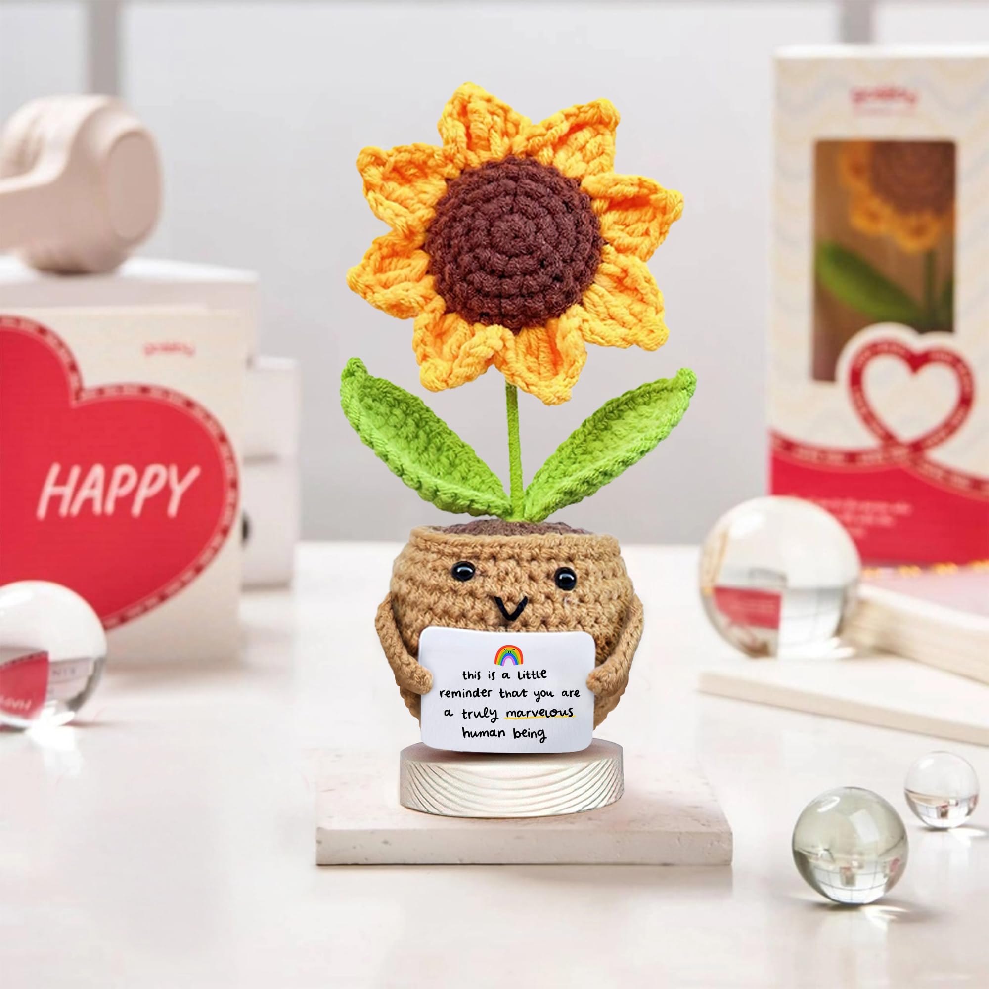 Gossby Positive Sunflower Doll Crochet with Card - This is A Little Reminder - Appreciation Gift for Coworker, Best Friend, Teacher, Sister, Mom - Christmas, Birthday, Thank You Gift for Women, Men