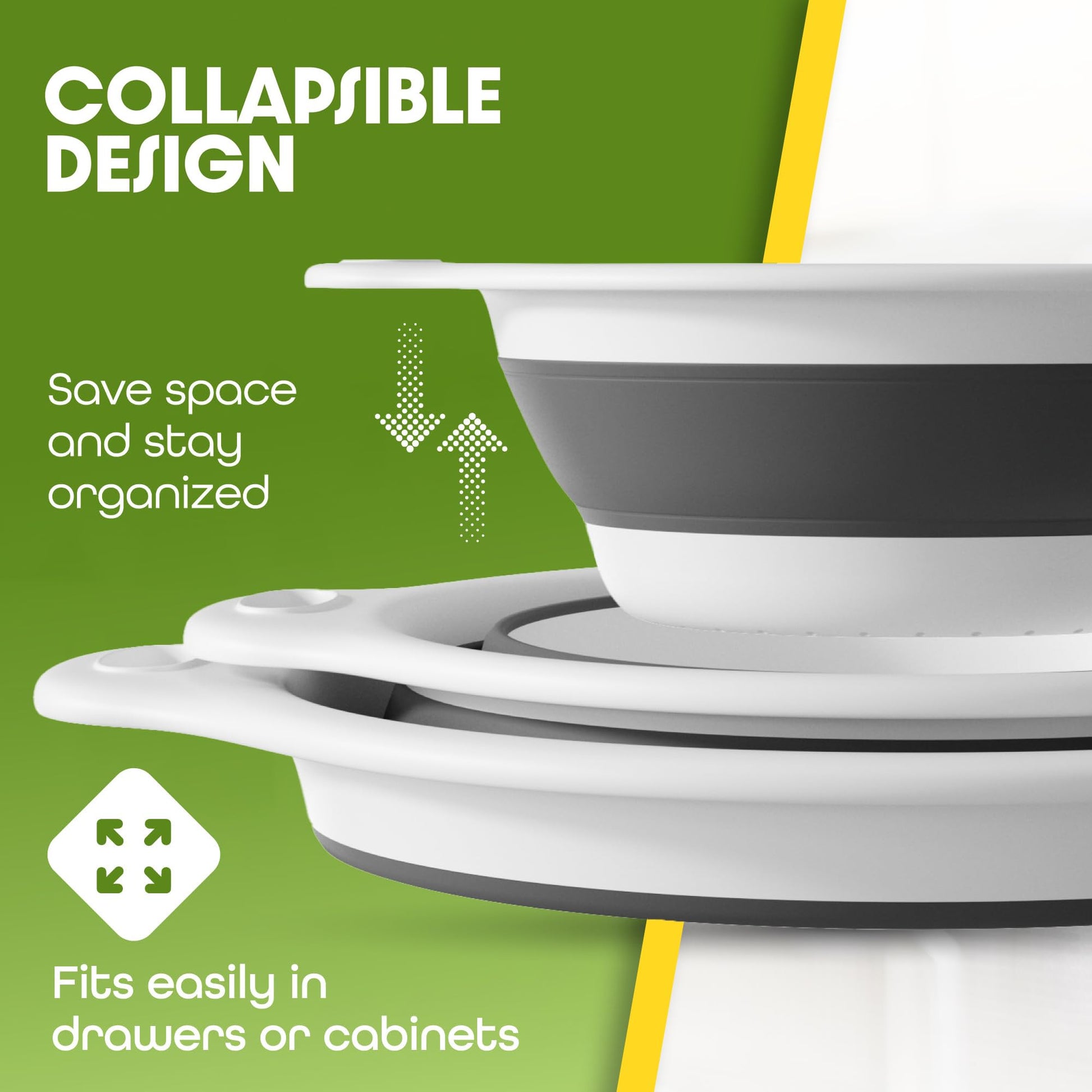 Gevoli Collapsible Colanders (3 Pack Set) Food Strainers with Over-Sink Water Draining Base for Pasta Fruits and Vegetables, White (3 Sizes, 3QT, 4QT and 5 Quart)