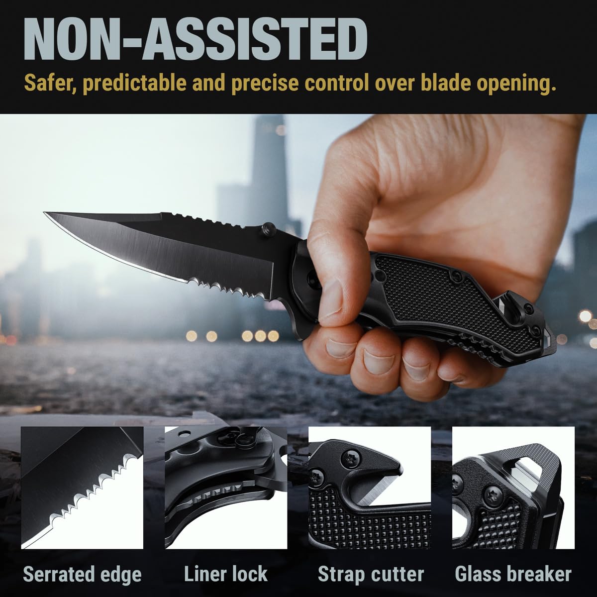 Legal Pocket Knife with 2.95” Serrated Blade, Glass Breaker, Seat Belt Cutter - EDC Sharp Folding Knives with Portable Clip - Small Tool for Tactical Camping Survival Hiking - Gifts for Men 6680