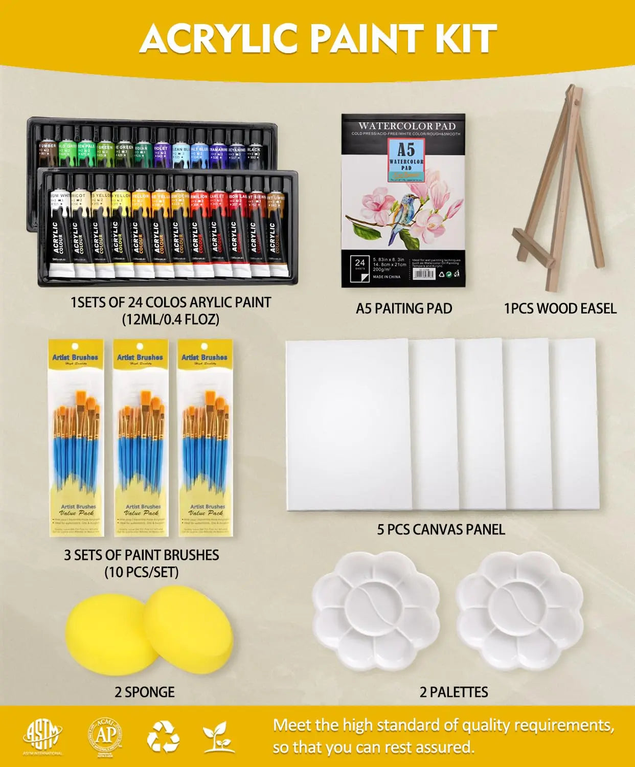 Colorful Acrylic Painting Kit - Paint Supplies Set with 24 Colors, 30 Brushes, 5 Canvases, 1 Pad, 2 Palette, 2 Sponge & 1 Wood Easel - Art Acrylic Paint Set for Beginners, Kids, Adults