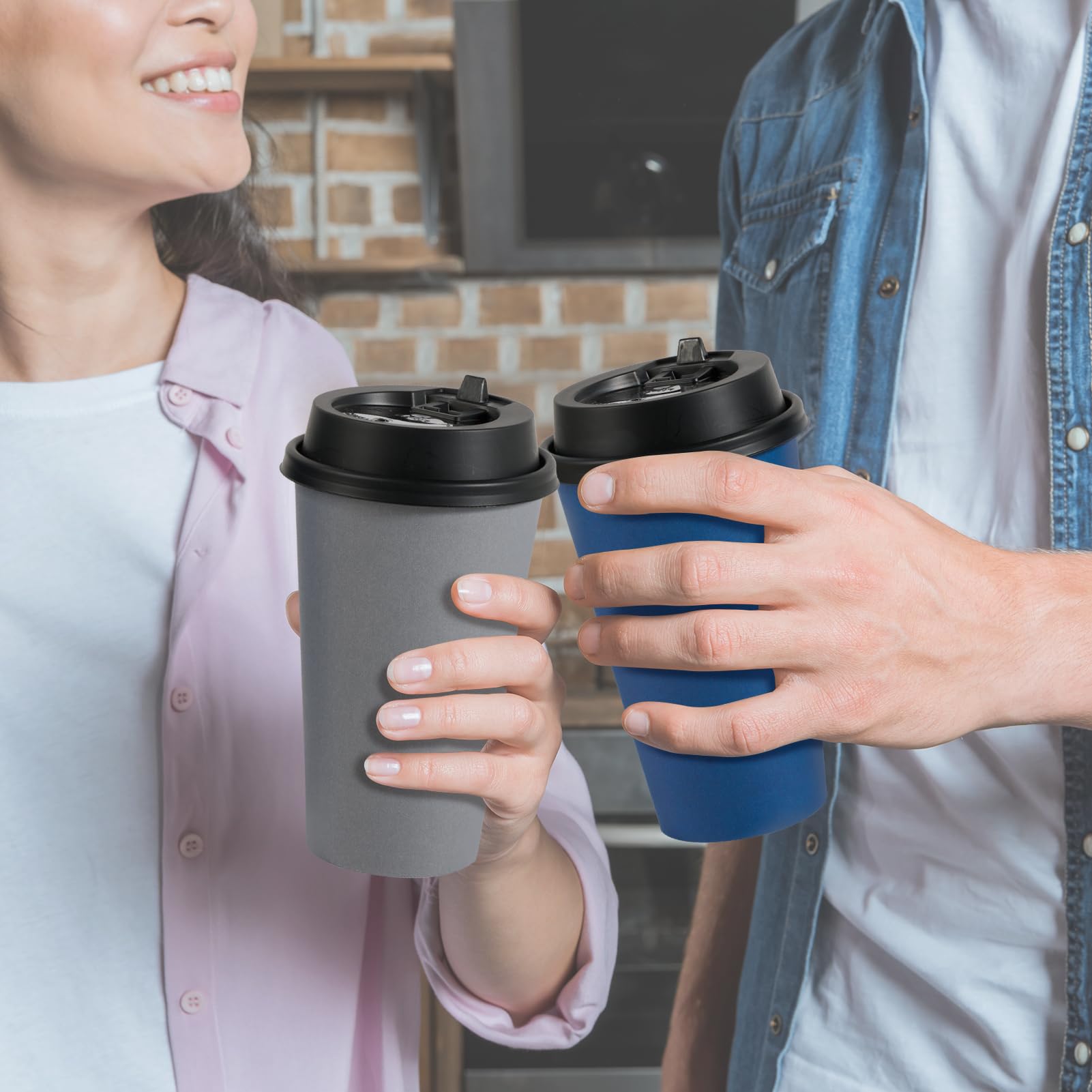 LITOPAK 100 Pack 16 oz Disposable Paper Coffee Cups with Lids for Coffee, Water, Juice, or Tea, Blue and Gray Hot Paper Cups for Home, Restaurant, Store, and Cafe
