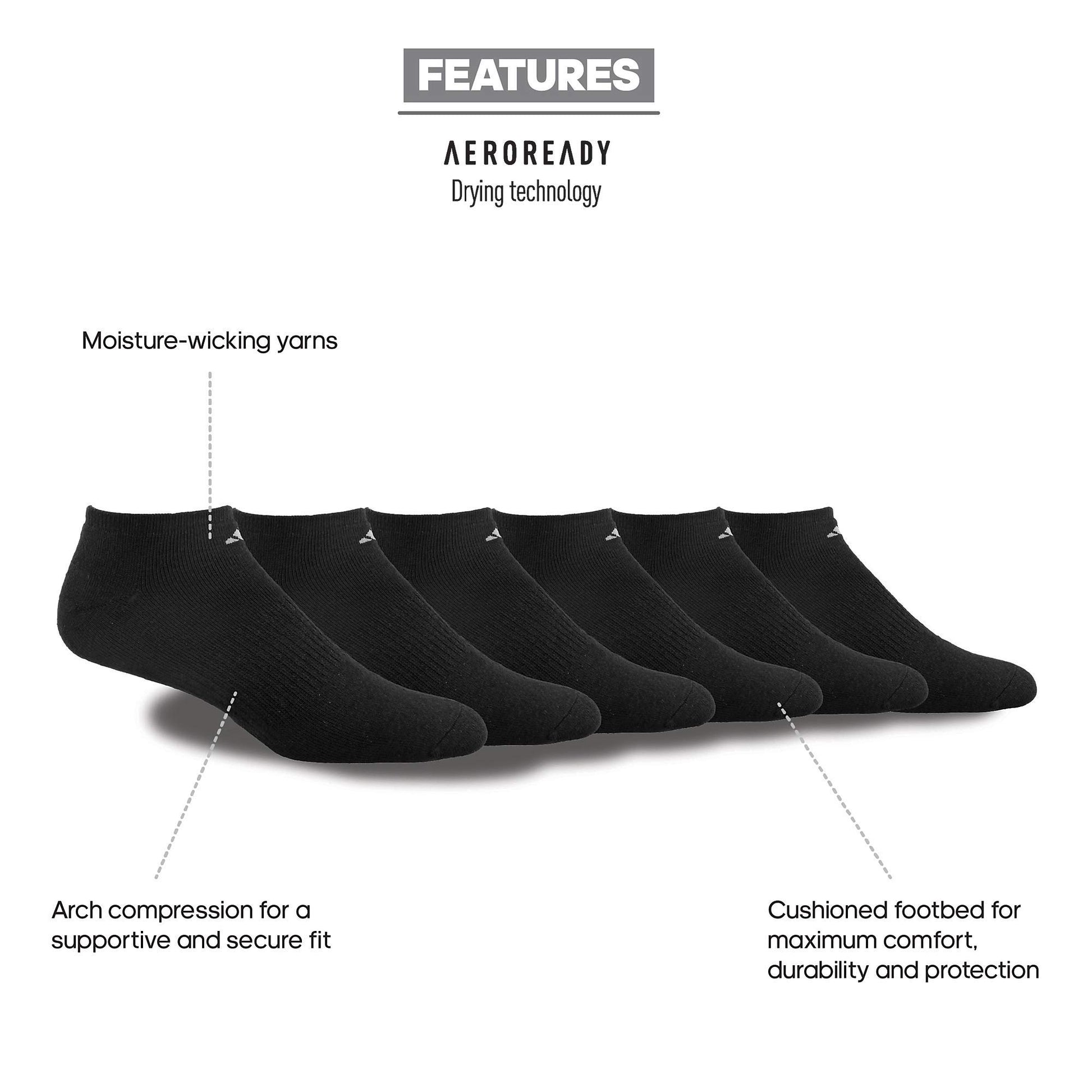 adidas mens Athletic Cushioned No Show Socks (6-Pair), Black/Aluminum 2, Large