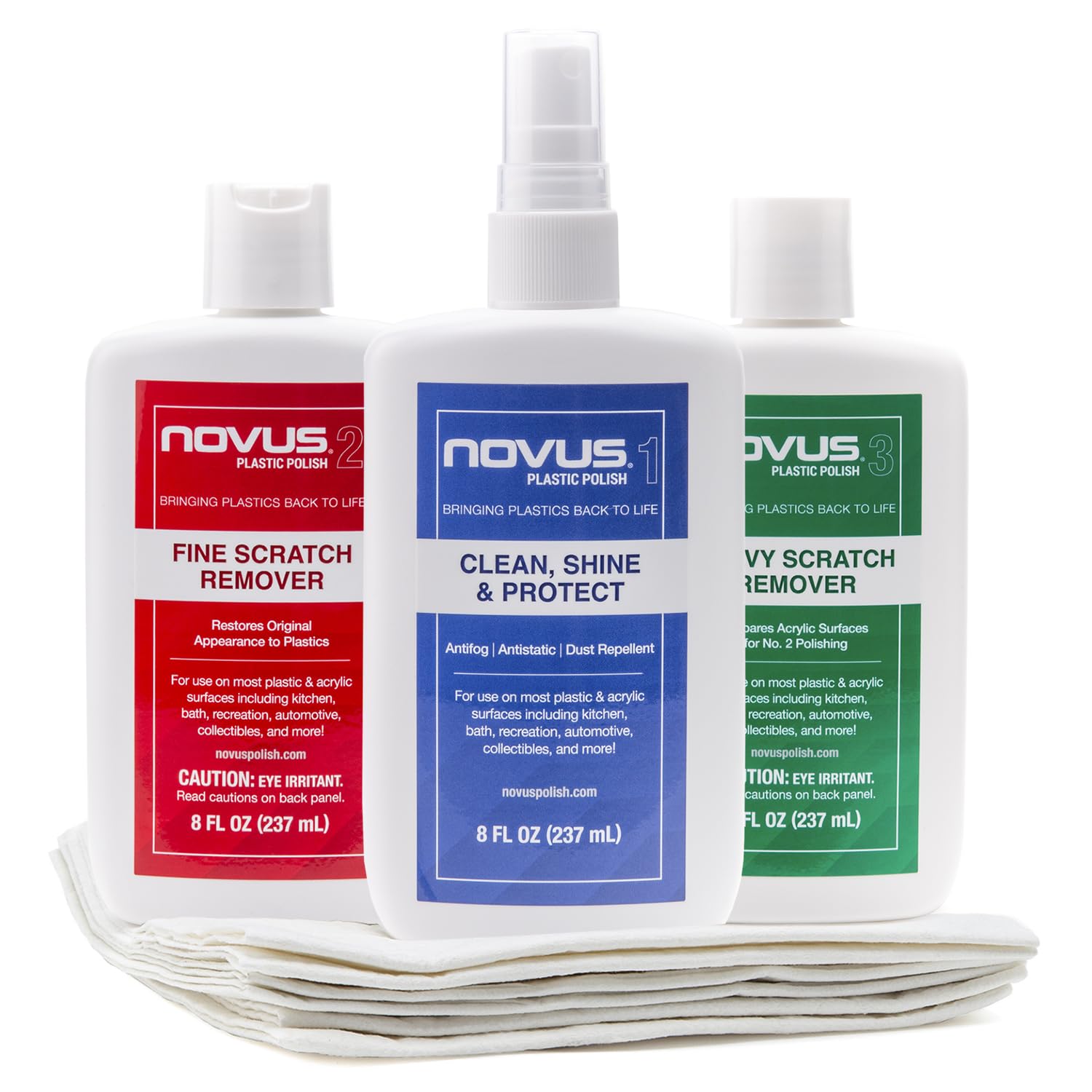 NOVUS-PK1-8OZ-PM، منظف وملمع بلاستيك #1، مزيل الخدوش الخفيف #2، مزيل الخدوش العميق #3، وعبوة أدوات تلميع إضافية، زجاجات سعة 8 أونصة