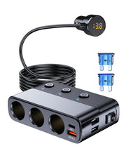 ولاعة سجائر 7 في 1، محول شاحن سيارة ليان ذو 3 مقابس، شحن تايب سي QC3.0 PD بقوة 30 واط، منافذ شحن USB مزدوجة، مفاتيح مستقلة، مقياس الفولتميتر LED، منفذ قابس 12 فولت/24 فولت (كابل 3.3 قدم)