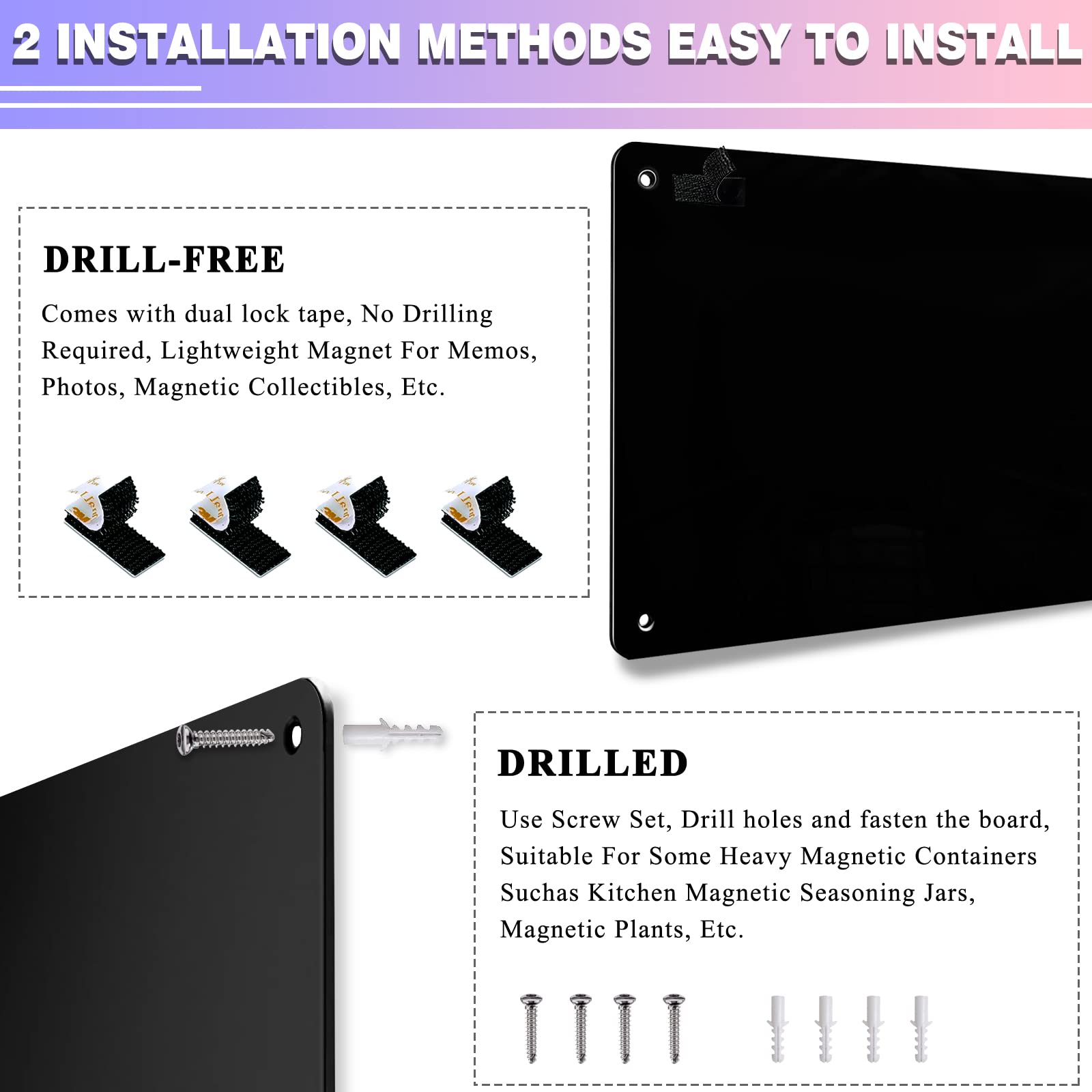 2Pack Black Magnetic Board,17.5" x 11.4" Magnet Bulletin Board to Display Magnetic Notes, Poetry, Photos, Suitable for Wall, Refrigerator, Cabinet etc, Come with 8 Pcs Dual Lock Tape and Screws