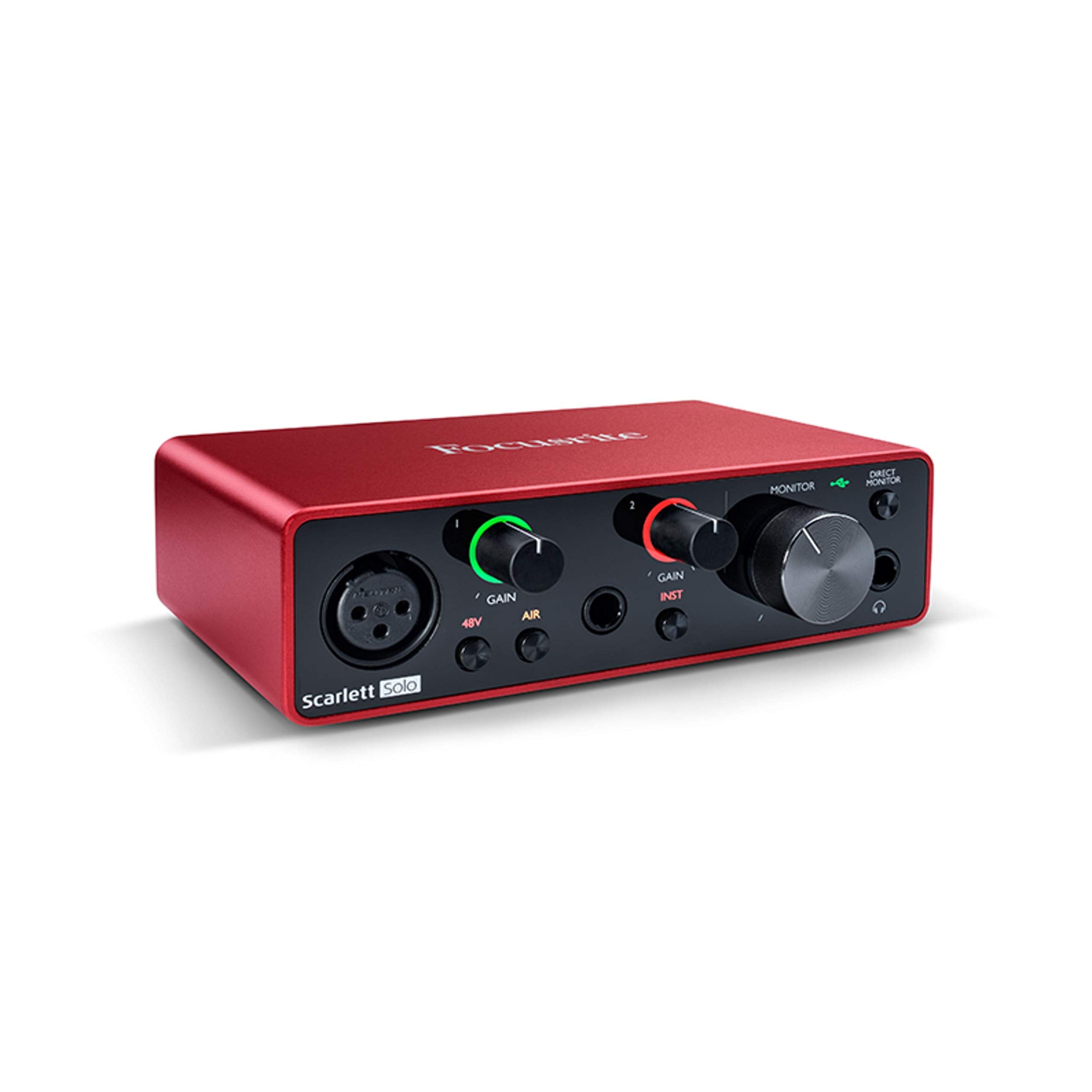 واجهة صوت USB من Focusrite Scarlett Solo الجيل الثالث لمشغلي الجيتار أو المغنيين أو مقدمي البودكاست أو المنتجين لتسجيل وتشغيل صوت بجودة الاستوديو