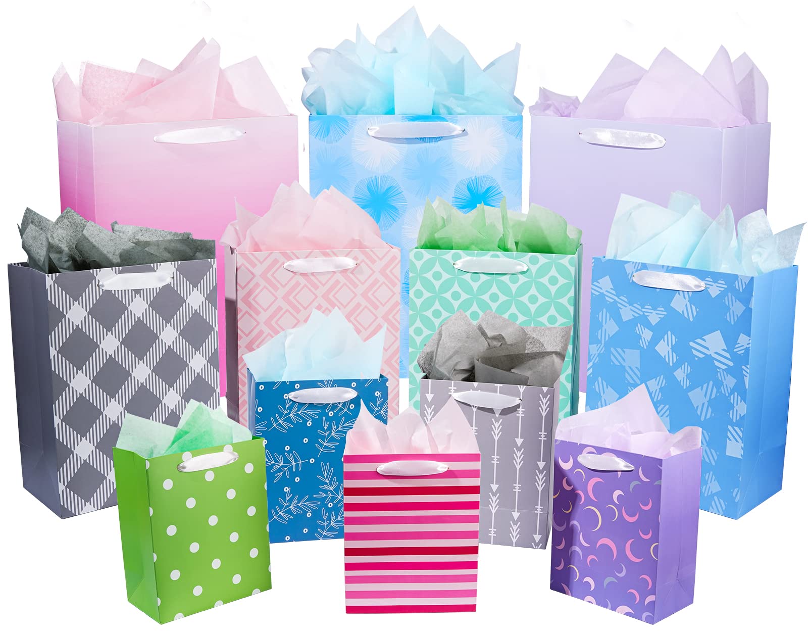 Geschenktüten, 12 Stück, verschiedene Größen und Designs, Geschenktüten im Großpack mit Seidenpapier (5 mittelgroß 20 cm, 4 groß 28 cm, 3 extra groß 35 cm) für Geburtstag, Babyparty, Brautparty, Ostern und jeden Anlass
