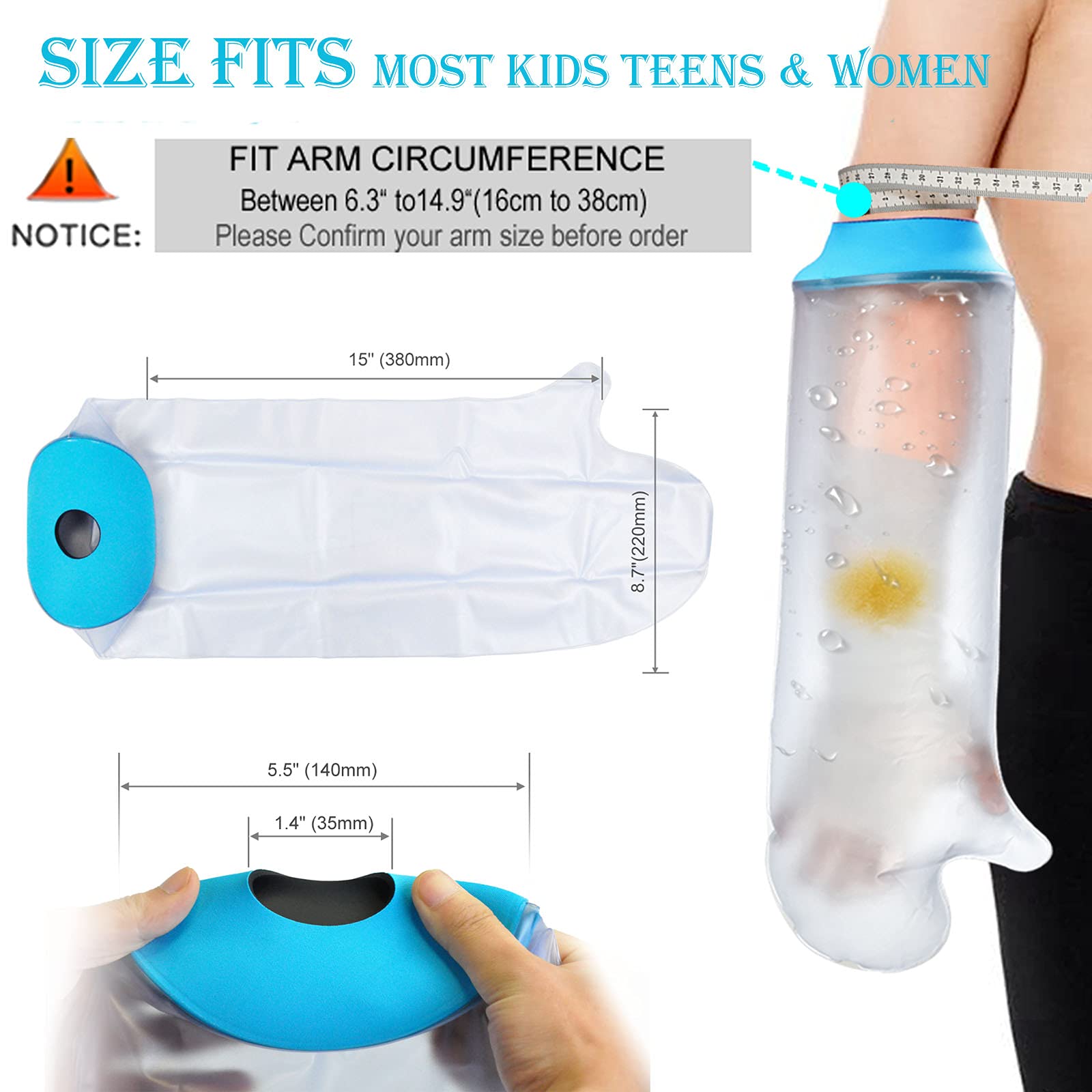 Cast Covers for Shower Arm Kids Waterproof Bath Soft comfortable Watertight seal to Keep Wounds Dry,Child Bandage Protector Covers Broken Hand,Wrist, Finger,Elbow,Fit Arm Circumference 6.3" to14.9"