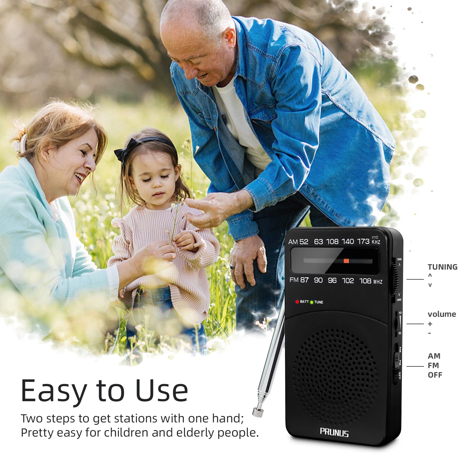 PRUNUS J-166 Portable Radio AM FM, Battery Operated Radio with Tuning Light, Back Clip, Excellent Reception, AM FM Radios Portable, Transistor Radios