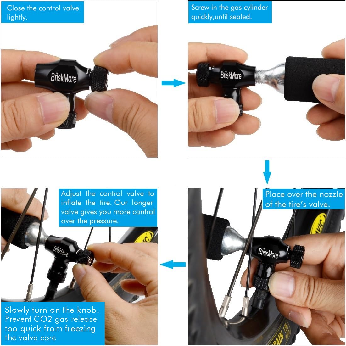 BriskMore Black CO2 Inflator Presta and Schrader Valve Compatible Bicycle Tire Pump for Mountain and Road Bikes with Insulated Sleeve - No CO2 Cartridges Included, Quick&Easy