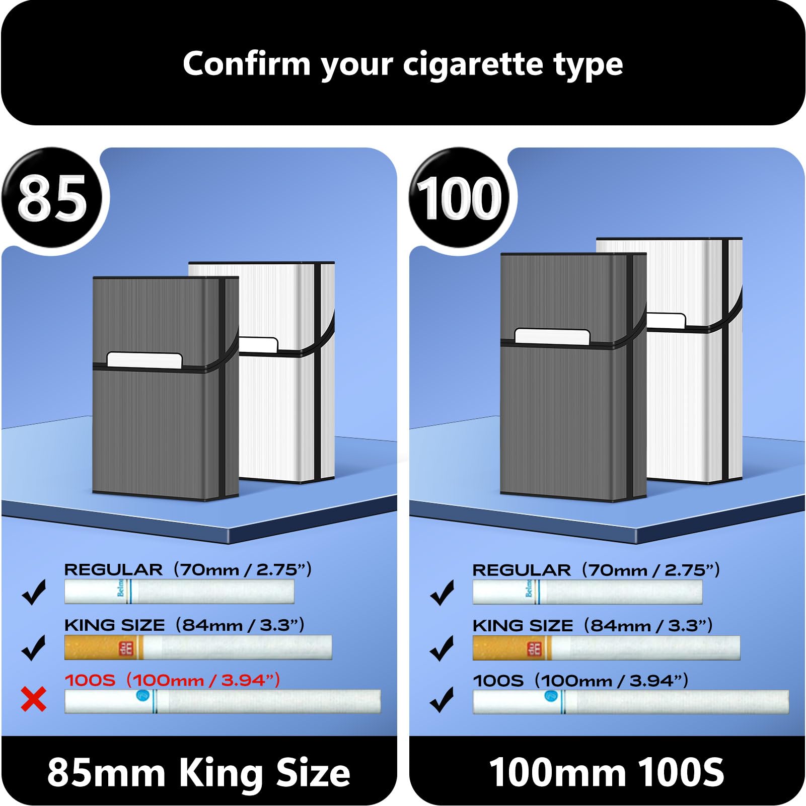 roygra Cigarette Case (2 Pack), Magnetic Switch 20pcs Cigarette Holder Case for Men Women, Cigarettes Smoking Accessories, Metal and Plastic Box for Smoke (Gray + Silver, 85mm King Size)