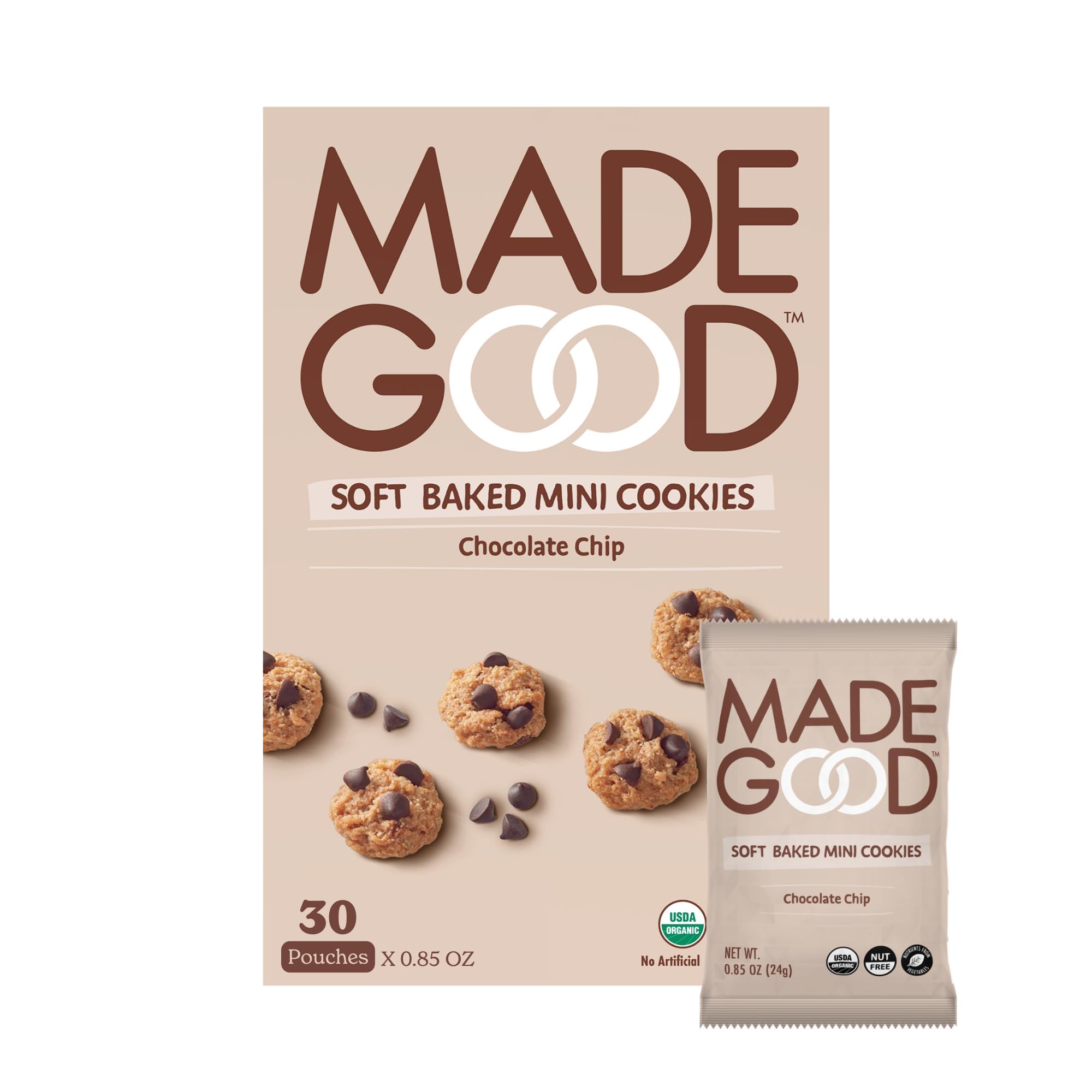 كوكيز ميني بقطع الشوكولاتة مخبوزة طرية من MadeGood، خالية من الغلوتين وآمنة للوجبات الخفيفة المدرسية، 30 قطعة