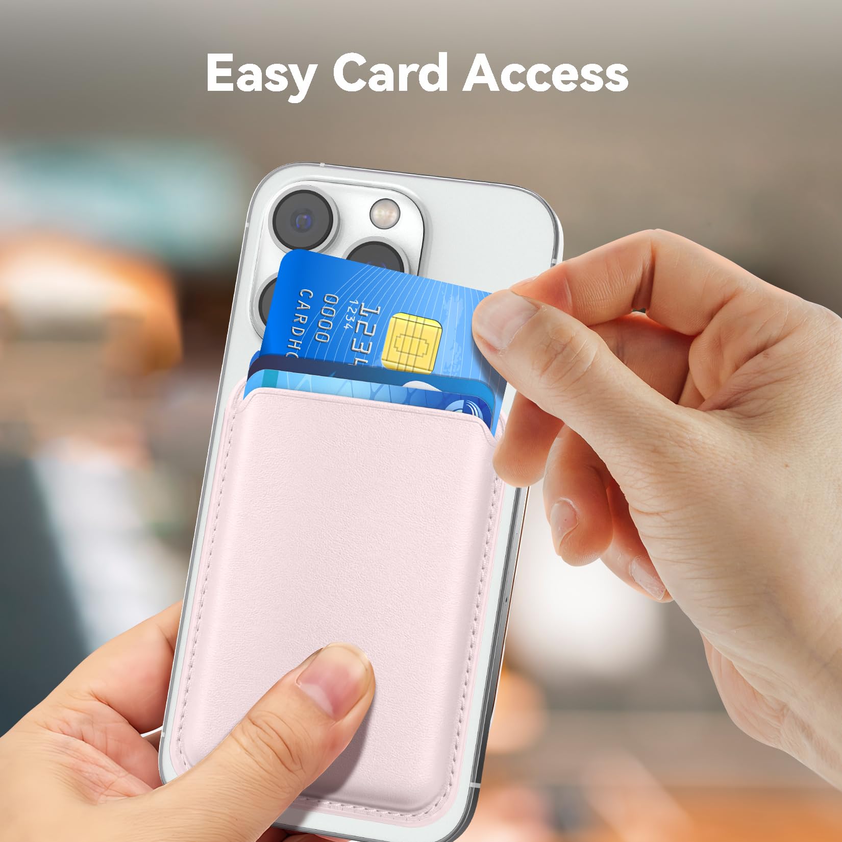 Amzone Magnetic Mag-safe Wallet Cell Phone Card Holder for Phone Case with Mag-Safe, Stronger Magnetic RFID Leather Phone Wallet Stick on Series of iPhone 15/14/13/12 and Pro/Promax, Light Pink