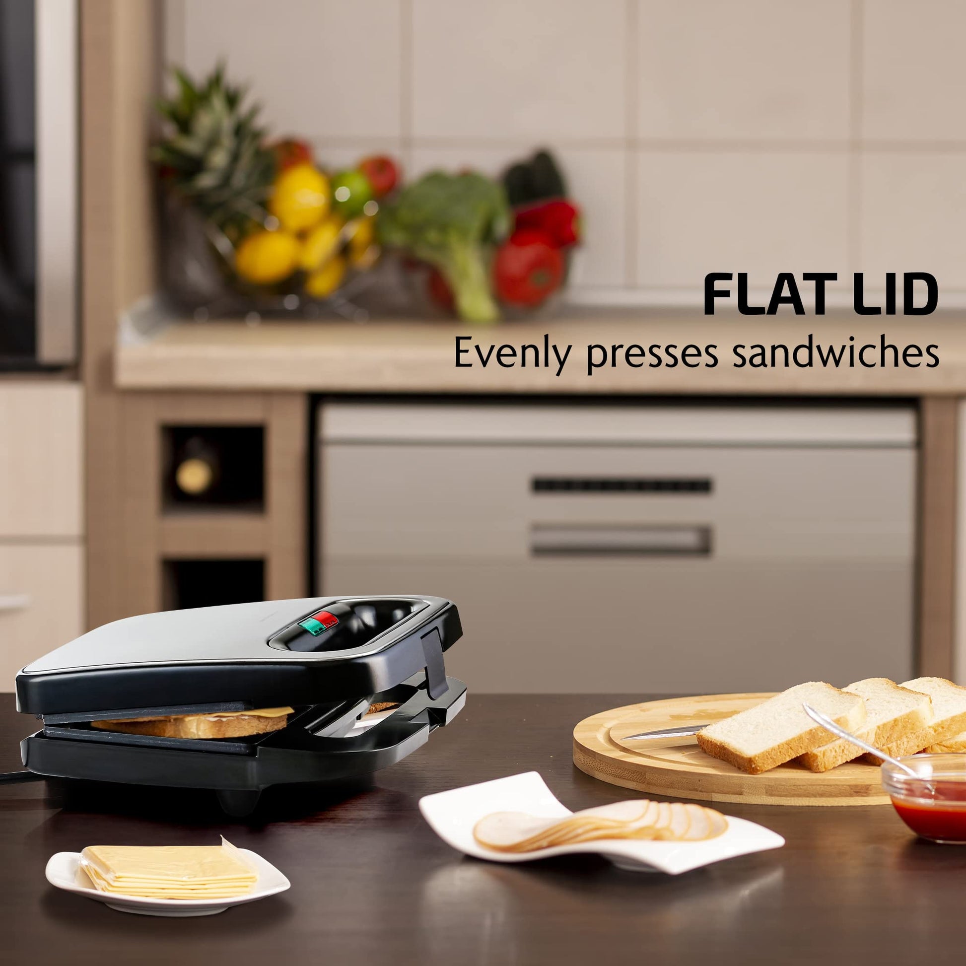OVENTE Electric Sandwich Maker with Non-Stick Plates, Indicator Lights, Cool Touch Handle, Easy to Clean and Store, Perfect for Cooking Breakfast, Grilled Cheese, Tuna Melts and Snacks, Black GPS401B