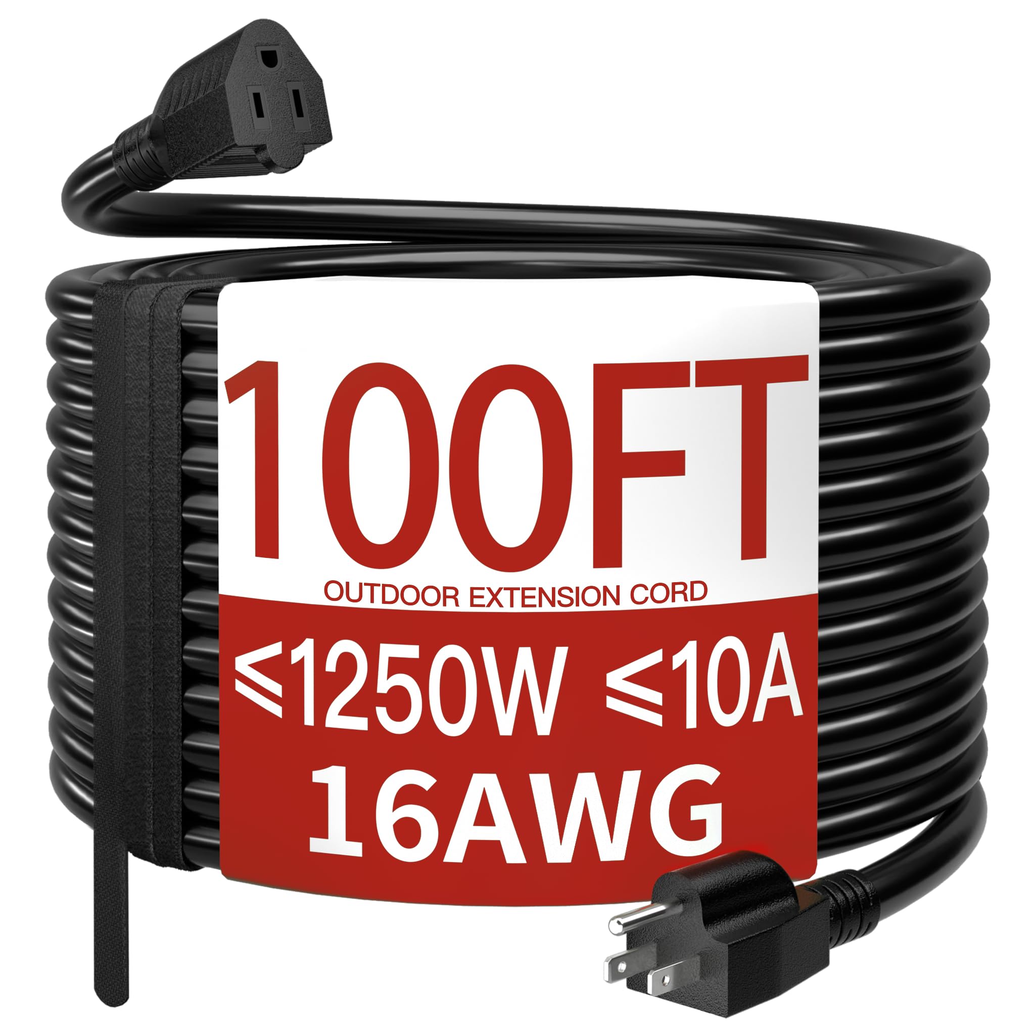 سلك تمديد خارجي 16/3 10A 1250W 125V بطول 100 قدم، مقاوم للماء والعوامل الجوية ومثبط للهب، لون أسود، سلك طاقة ثلاثي الشوكات للاستخدام الخارجي في الحديقة والحديقة، 16AWG SJTW، معتمد من ETL