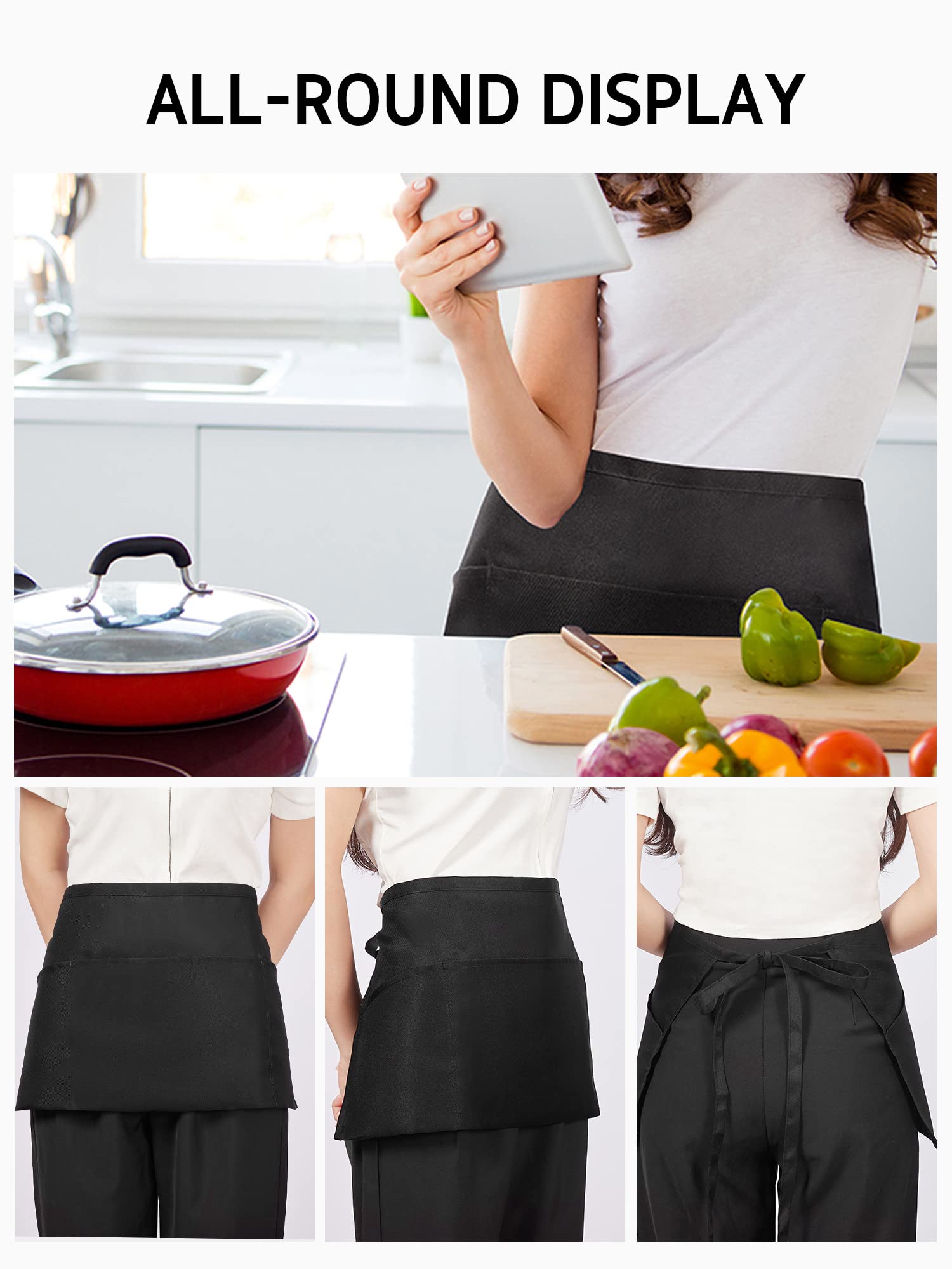 Syntus 3 Pack Server Aprons with 3 Pockets, Waterdrop Resistant Waitress Waiter Waist Apron, 11.5-inch Black