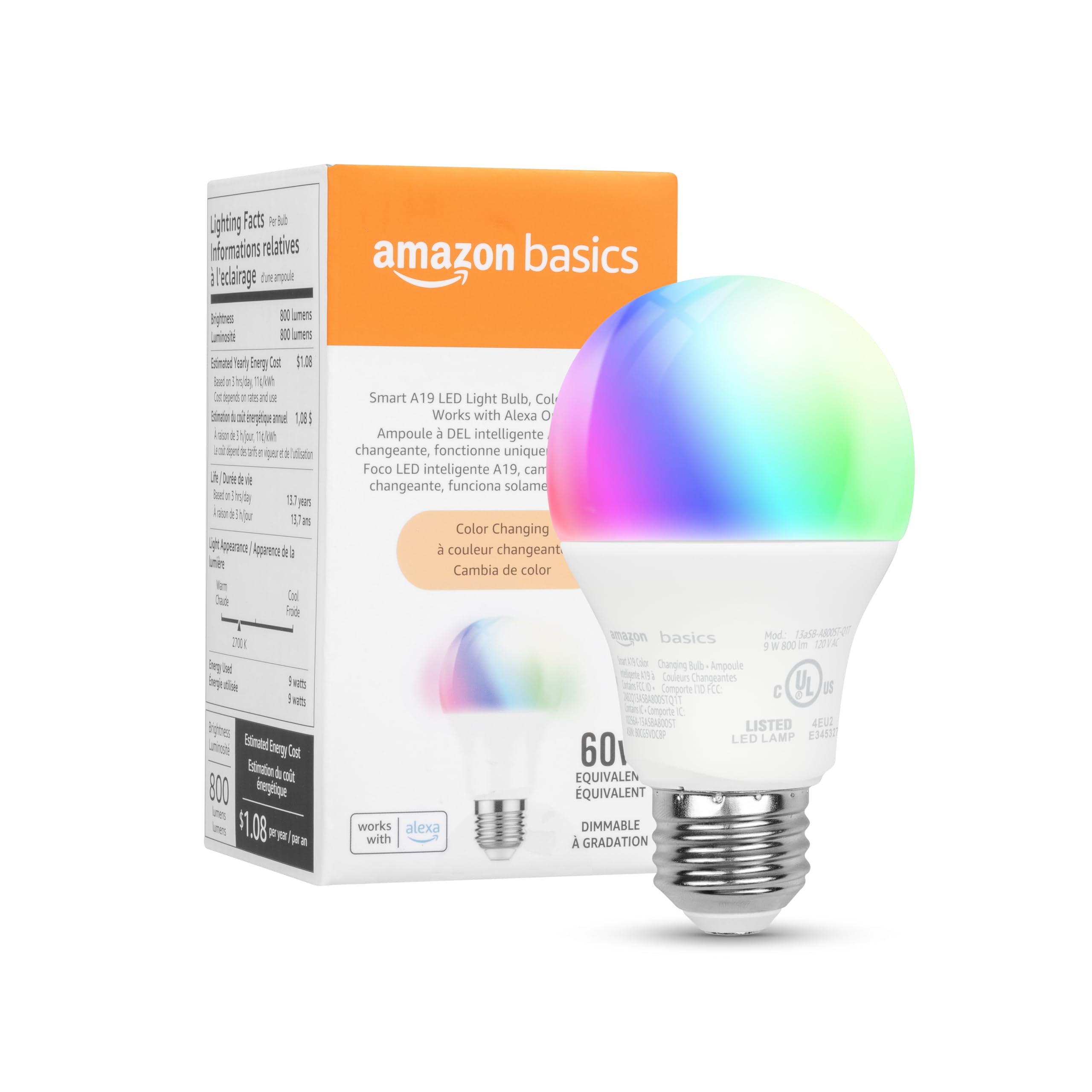 Basics Smart A19 LED Light Bulb, Color Changing, 9W (60W Equivalent), 800LM, Works with Alexa Only, 2.4 GHz Wi-Fi, No Hub Required, 1 Pack