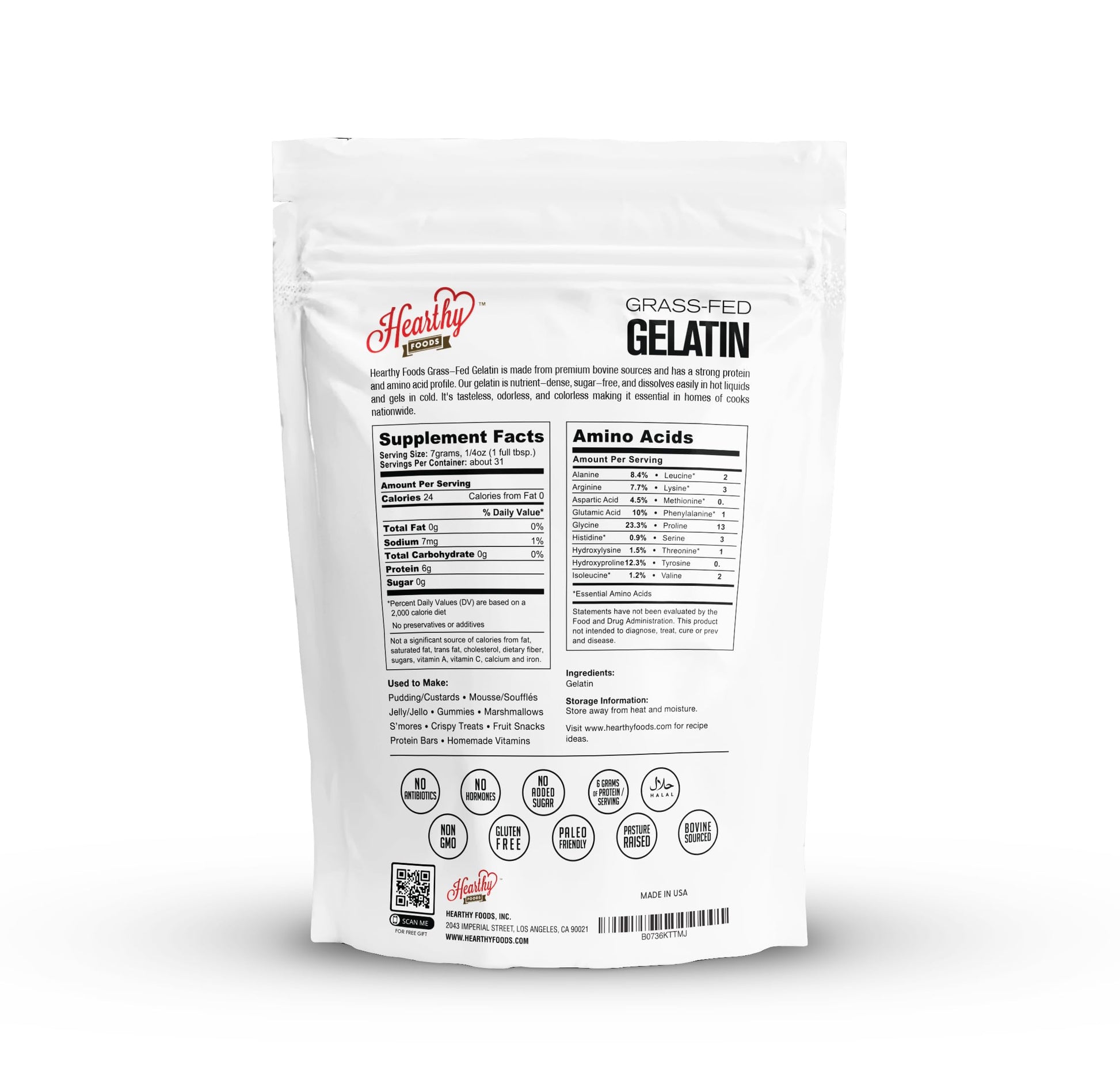 Hearthy Foods Beef Gelatin Powder Unflavored Gelatin Powder for Women and Men | Keto and Paleo Friendly Pure Protein Type 1 & 3, Grass-Fed Halal Certified, Non-GMO, Kosher Gelatin | 16 oz. 454g