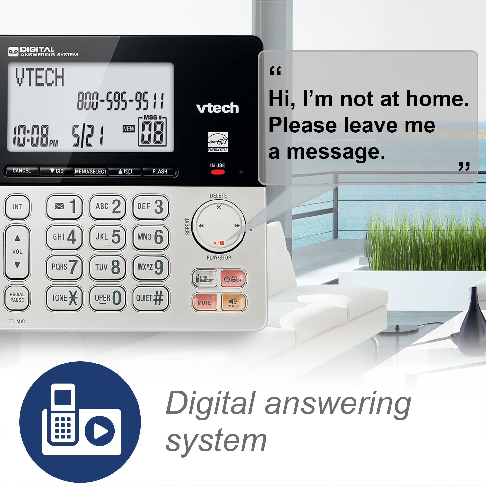 VTech VG208 DECT 6.0 Corded/Cordless Phone for Home with Answering Machine, Call Blocking, Caller ID, Large Backlit Display, Duplex Speakerphone, Intercom, Line-Power(Silver/Black)