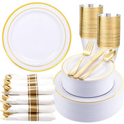 WDF Partyware 350Piece Gold Dinnerware Set for 50 Guests - Gold Plastic Plates with Disposable Cutlery Include:50Dinner Plates-50Dessert Plates-50Pre Rolled Napkins with Silverware for Thanksgiving