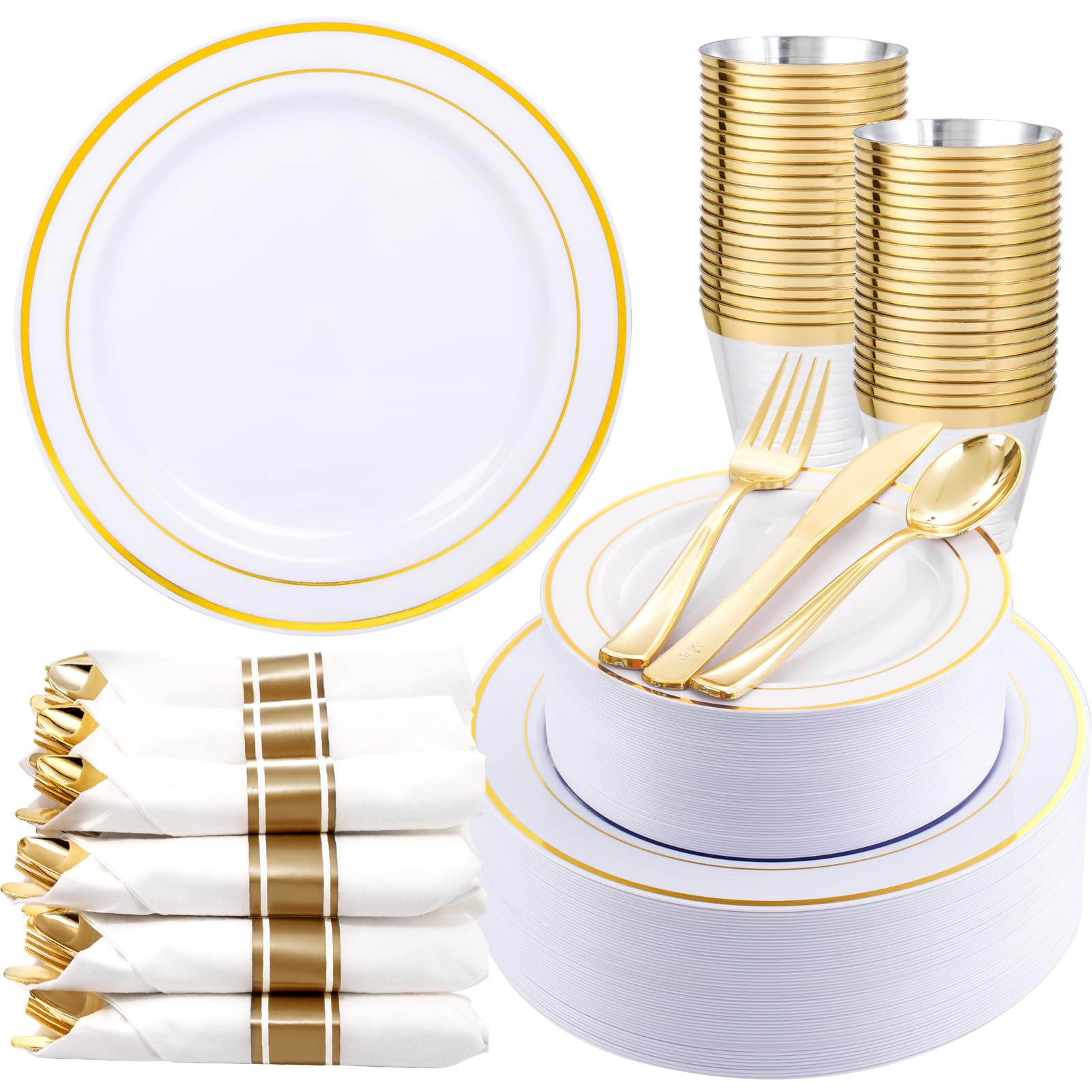 WDF Partyware 350Piece Gold Dinnerware Set for 50 Guests - Gold Plastic Plates with Disposable Cutlery Include:50Dinner Plates-50Dessert Plates-50Pre Rolled Napkins with Silverware for Thanksgiving