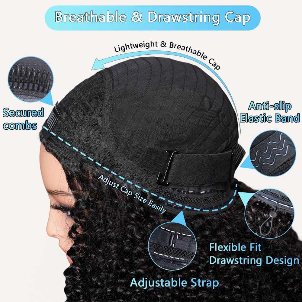 QUANDIAN Kinky Curly Half Wig Human Hair 200% Density Wear Go Glueless Wigs Human Hair 20 Inch Curly 3 In 1 Half Wigs for Women Drawstring Seamless Flip Headband Wig Beginner Friendly