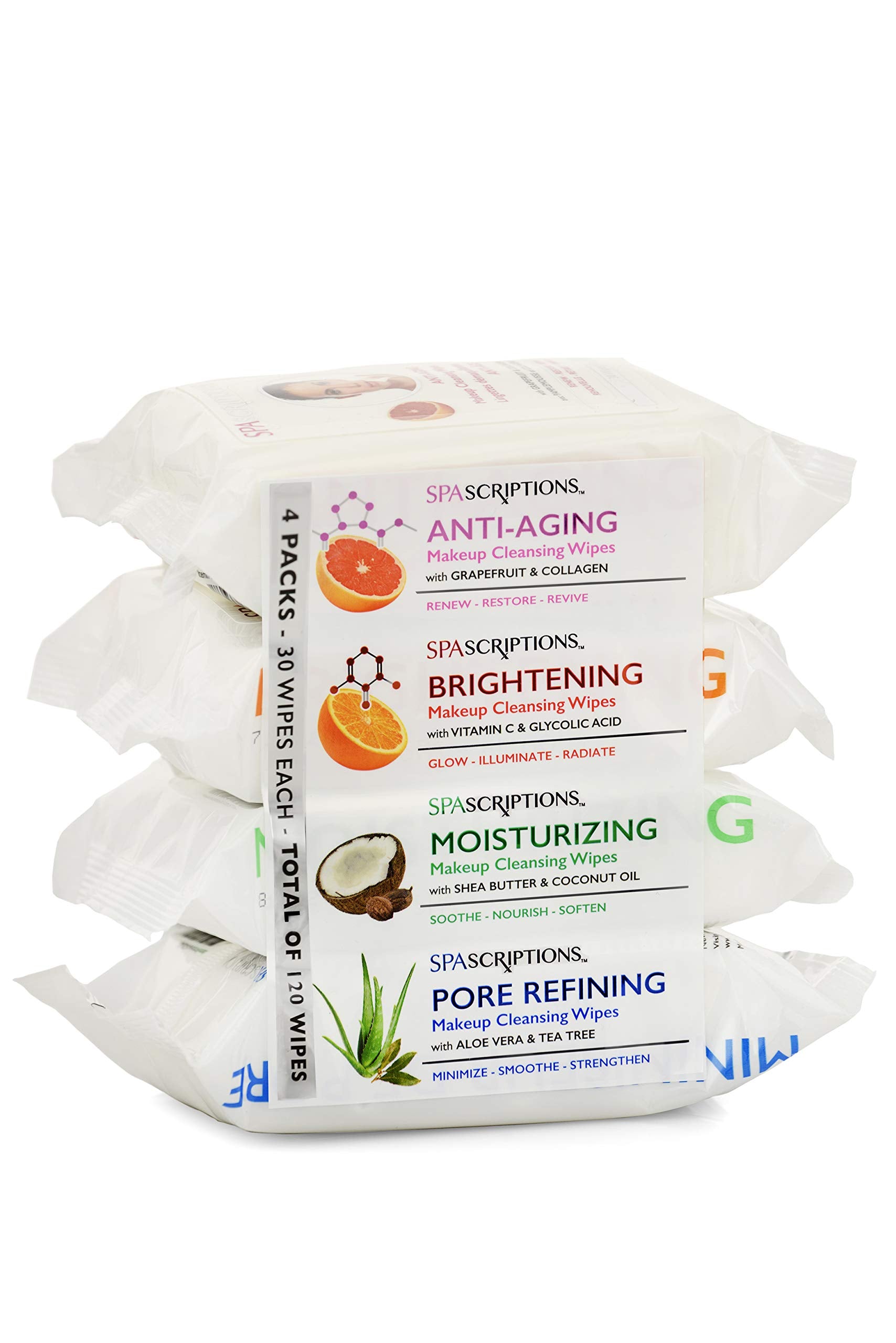 Spascriptions Anti-Aging, Brightening, Moisturizing & Pore Refining Towelettes Removes Waterproof Makeup, Revives with Collagen, Vitamin C, Coconut Oil, and Aloe Hypoallergenic, 120 Ct. 4 Pack