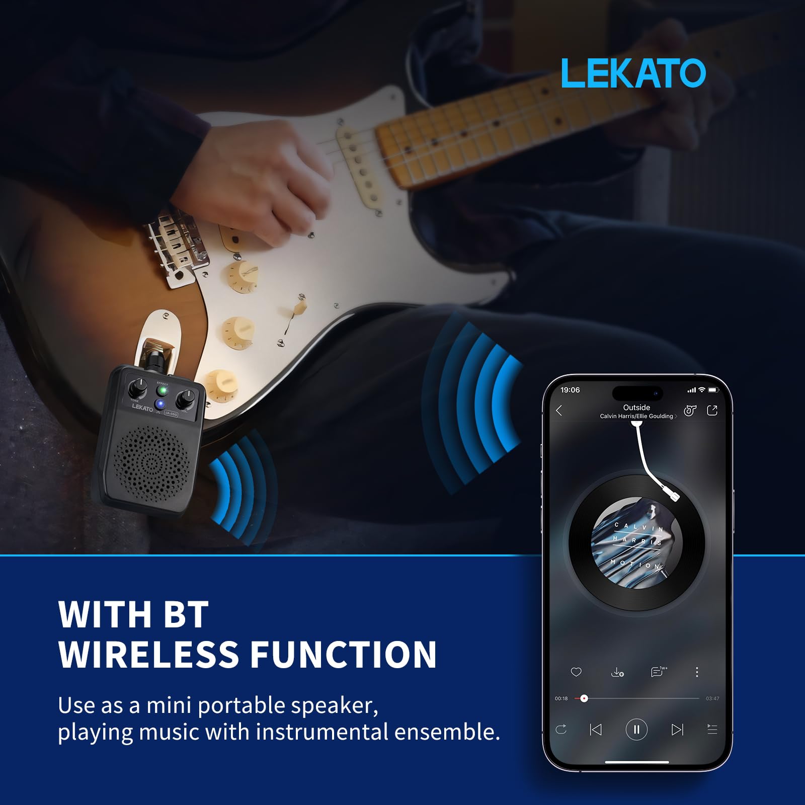 LEKATO Mini Electric Guitar Amp 5W, Portable Guitar Amp Bluetooth with Built-in 4 Effects, Clean Distortion Overdrive Reverb, Rechargeable Small Amplifier for Practice, Black (JA-05G)