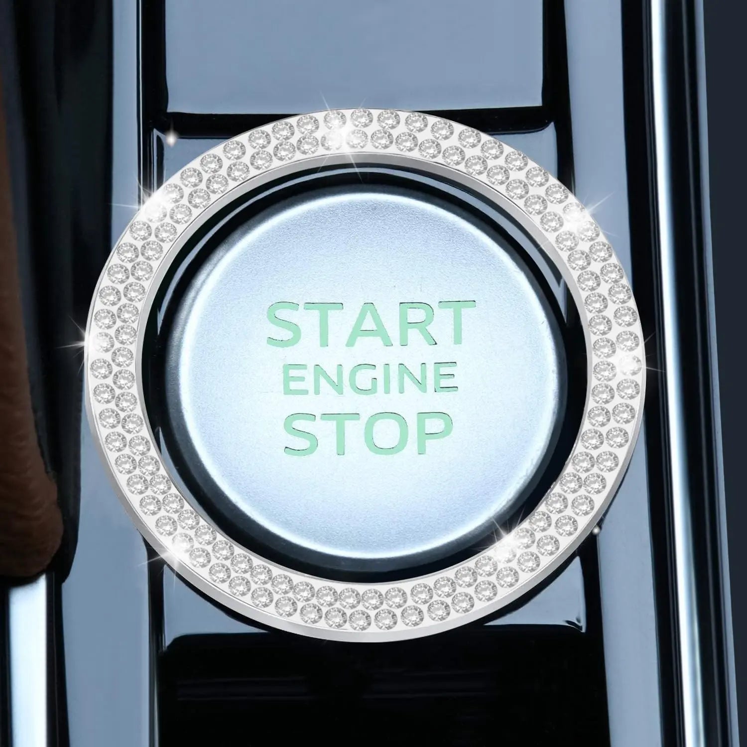 LivTee 2 PCS Crystal Double Rhinestone Car Engine Start Stop Decoration Ring, Bling Car Interior Accessories for Women, Push to Start Button Cover Sticker, Automotive Decals, White