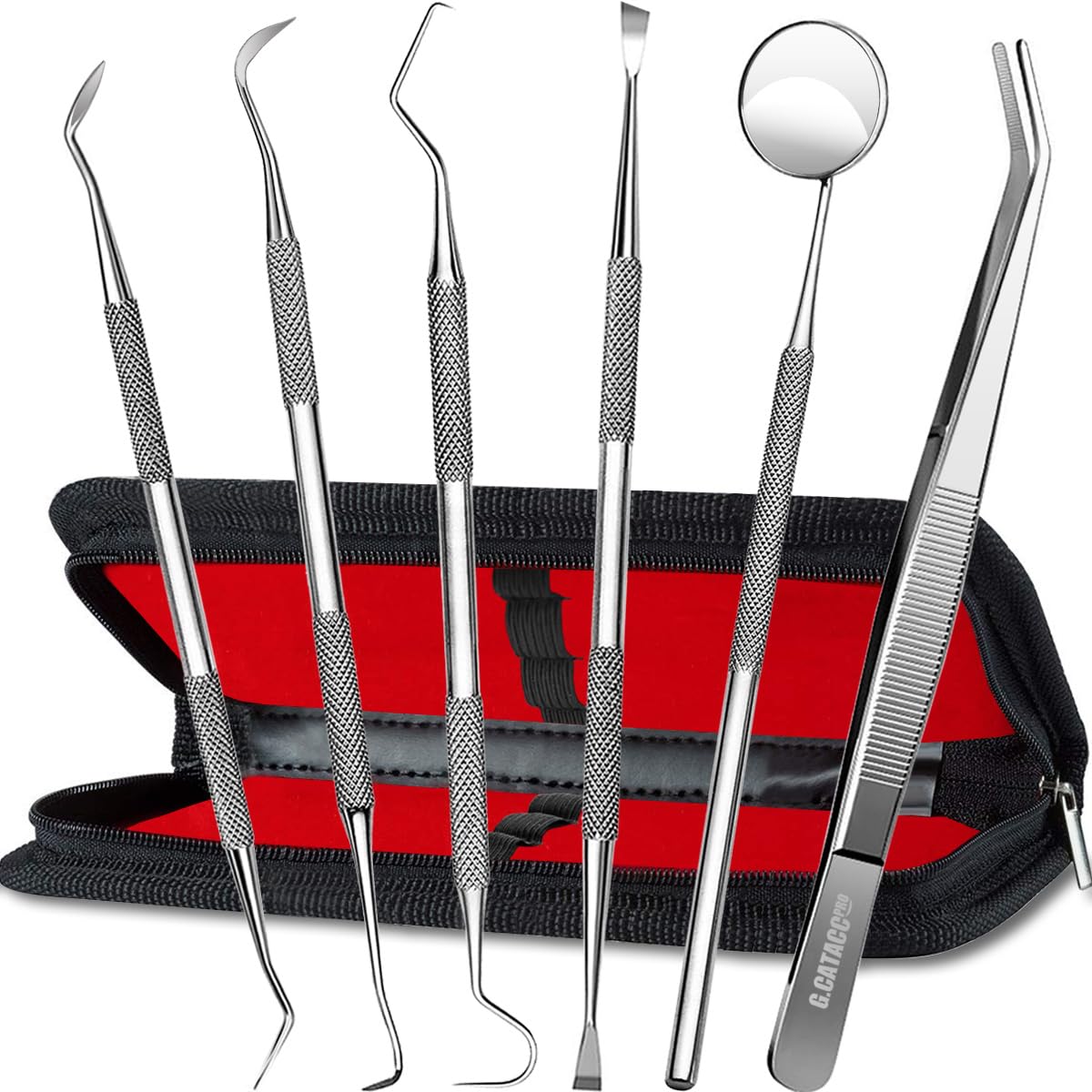 G.CATACC Dental Tools, Dental Pick Teeth Cleaning Tools Hygiene Kit, Plaque Remover for Teeth, Professional Stainless Steel Tooth Scraper Plaque Tartar Cleaner - with Case