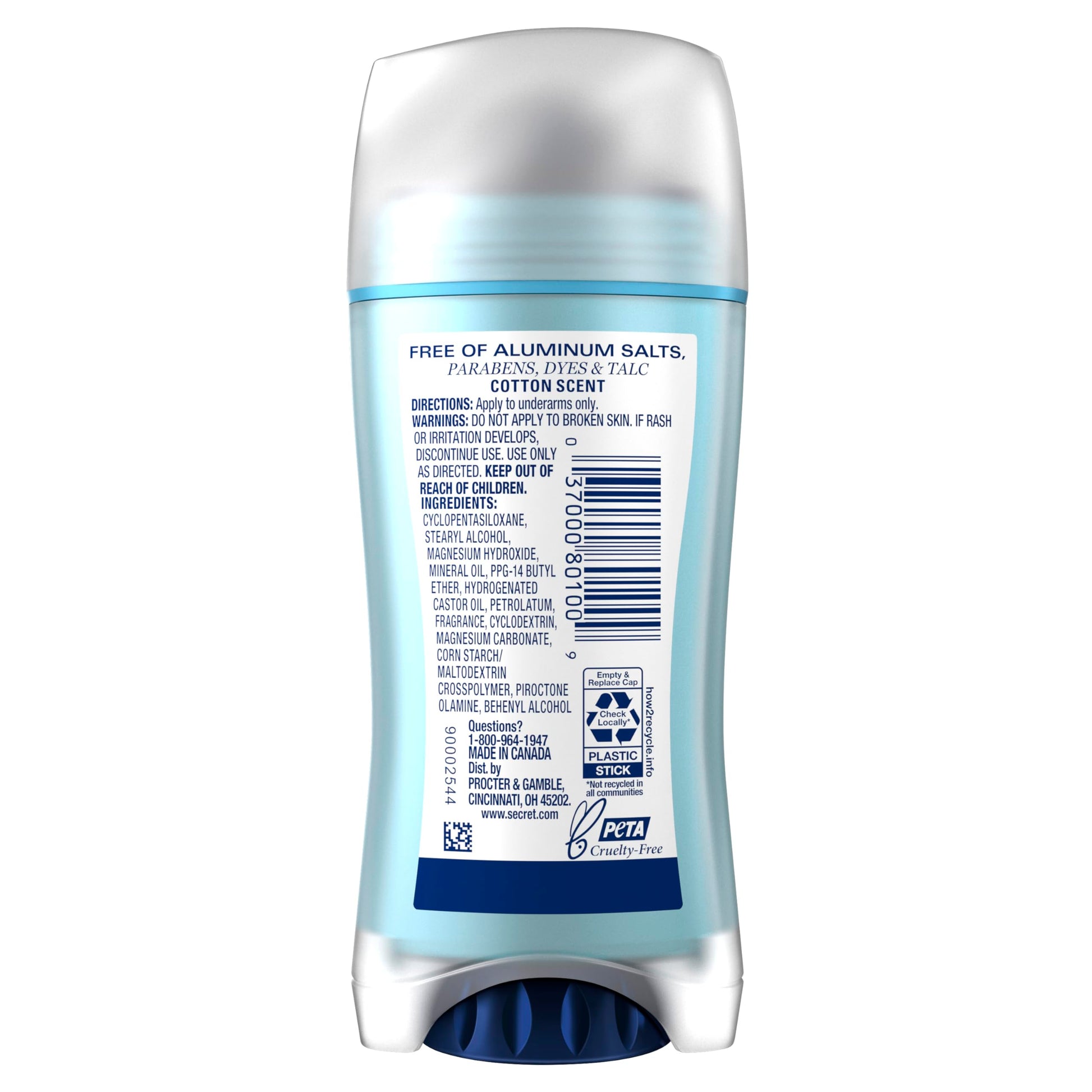 Secret Aluminum Free Deodorant for Women, 48hr Odor Protection, Free of Parabens Dyes Talc & Baking Soda, PH Balancing Minerals, Dry Solid, Cotton Scent, 2.4 oz