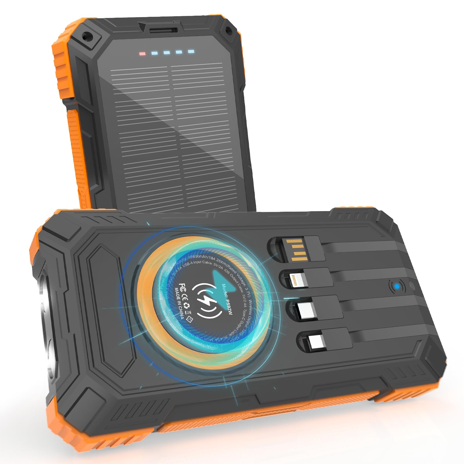ERRBBIC Solar Charger Power Bank 49800mAh, 22.5W Portable Charger, 15W Wireless Charging, Solar Panel Charger, Built-in Four Cable, with USB C for Cell Phones, with Dual Flashlight for Camping