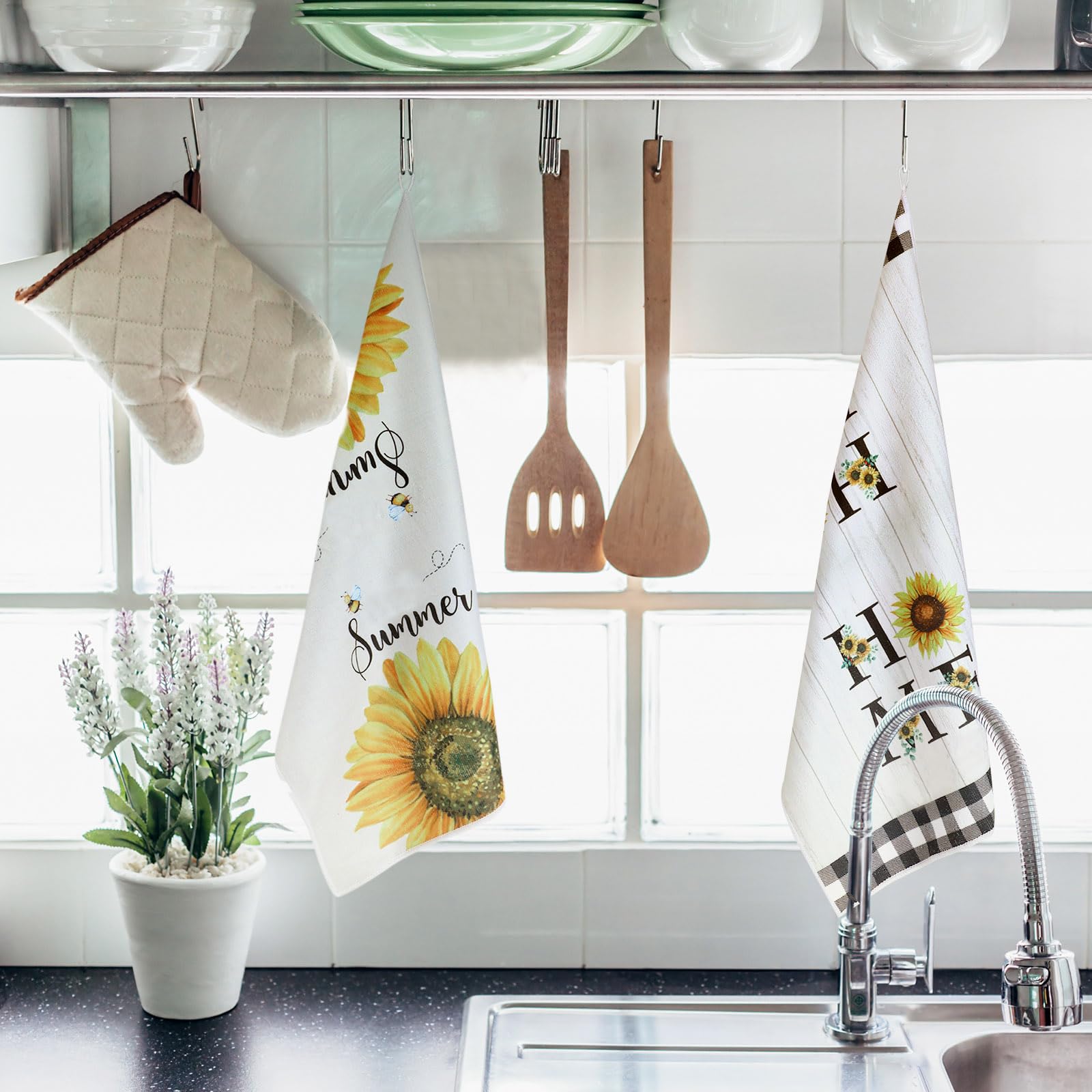Bencailor 4 Pcs Sunflower Kitchen Towels Summer Fall Flower Floral Sea Beach Lemon Hand Dish Towels Fast Drying Decor Housewarming Gift for Cooking Kitchen Bathroom(Yellow,Sunflower)