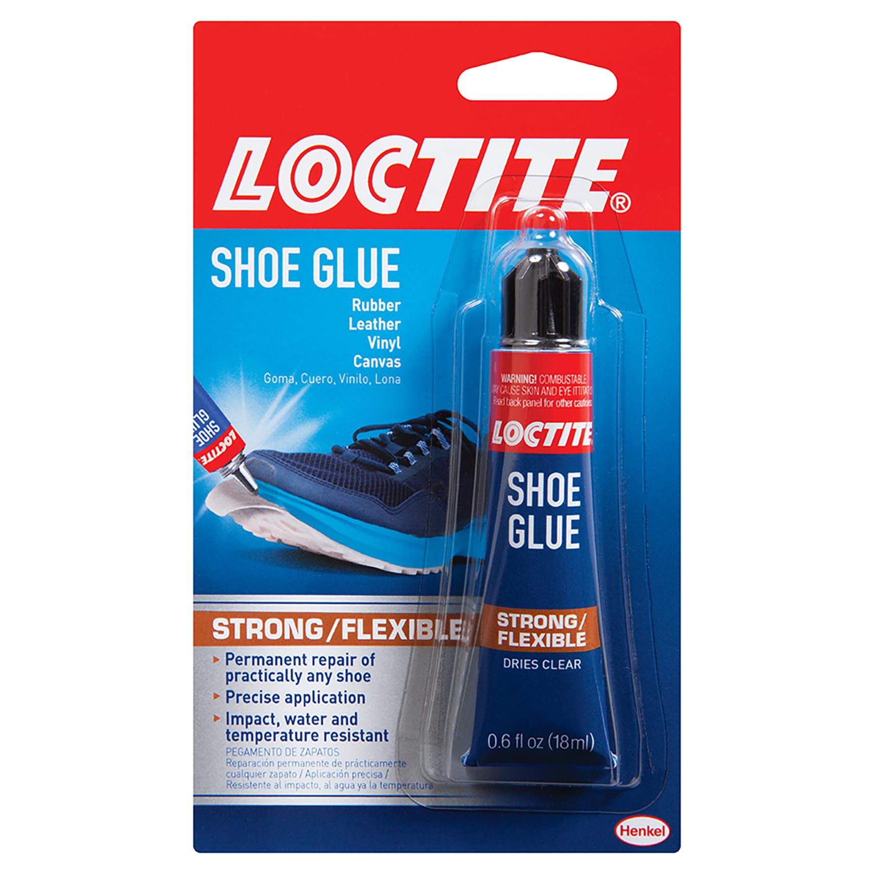 غراء الأحذية من لوكتايت، غراء قماش قوي ومرن، مقاوم للماء والصدمات والاهتزازات، يجف ليصبح شفافًا - زجاجة سعة 0.6 أونصة سائلة، عبوة واحدة