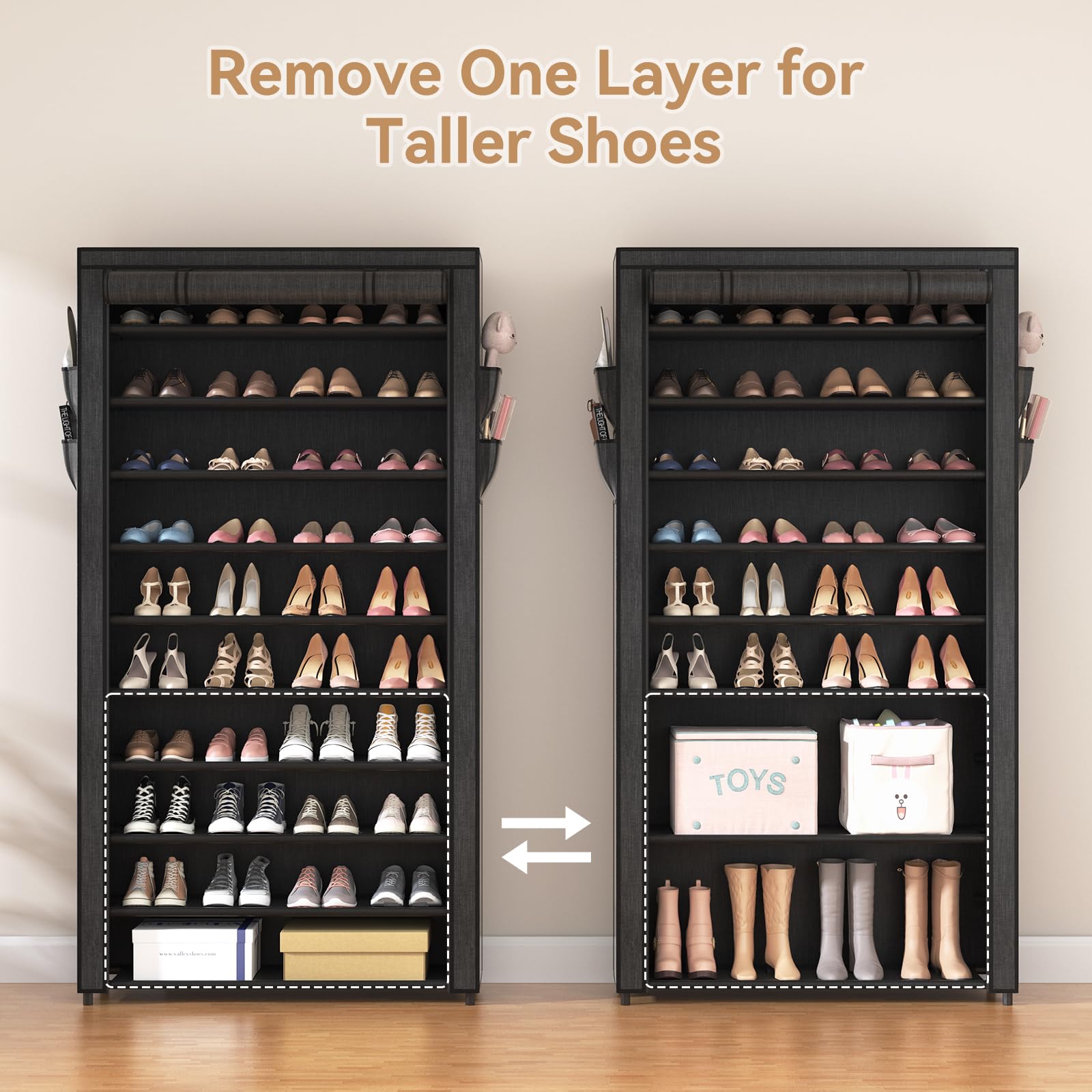 ROJASOP 10 Tier Shoe Rack with Covers,Large Capacity Stackable Tall Shoe Shelf Storage to 50-55 Pairs Shoes and Boots Sturdy Metal Free Standing Shoe Rack Organizer for Closet Entryway Garage