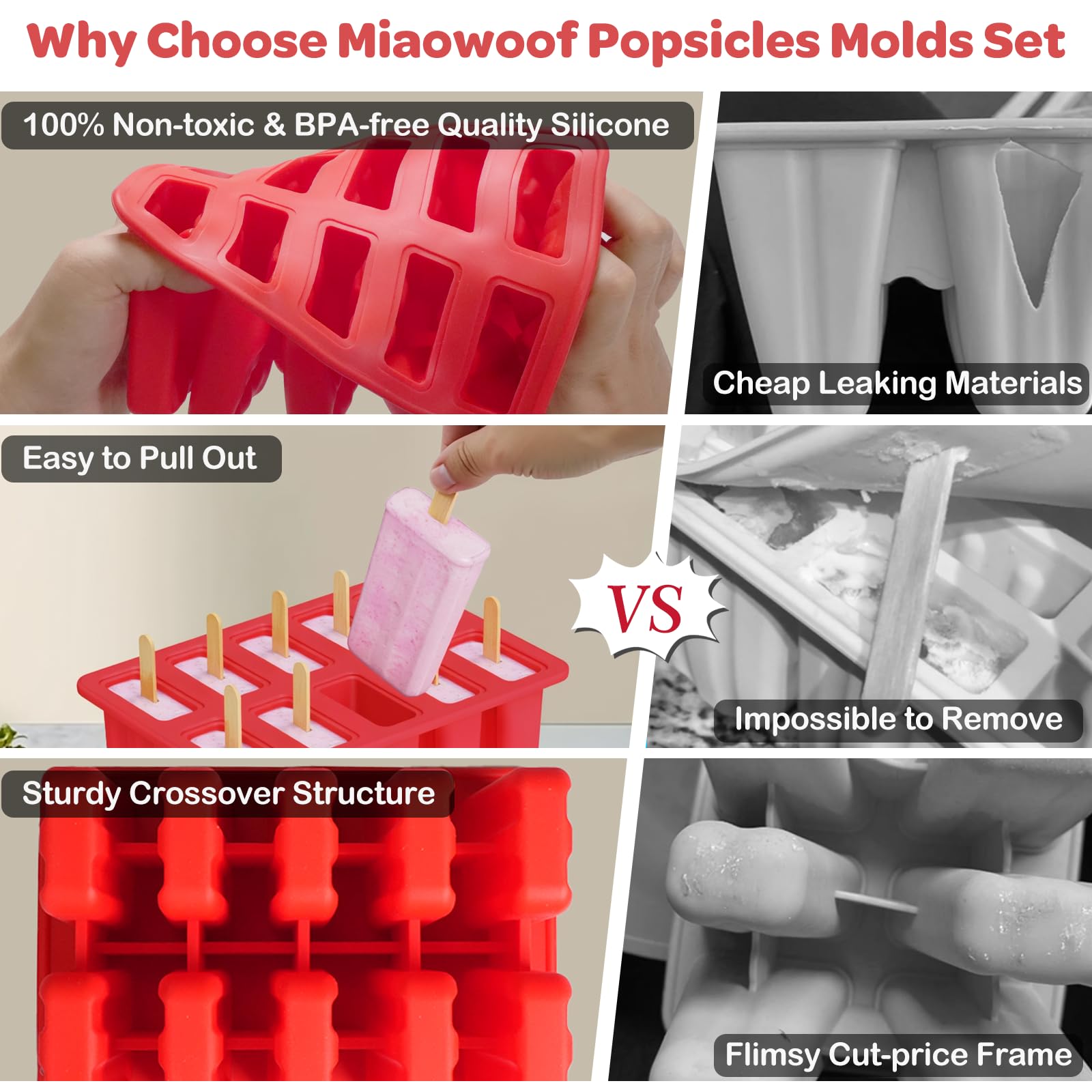 Miaowoof Homemade Popsicle Molds, 10-Cav Non-BPA Silicone Ice Pop Maker, with 50 Sticks, 50 Bags, 10 Reusable Sticks, Funnel, Brush and Ice Pop Recipe (Red)