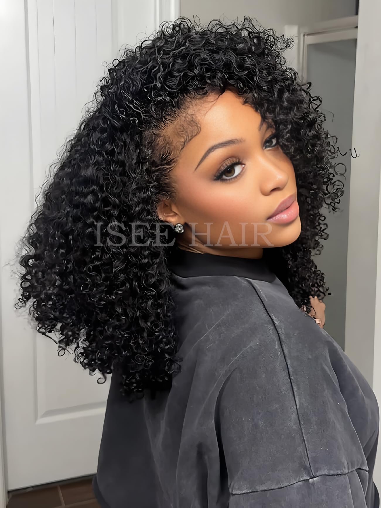 ISEE Half Wig Human Hair Glueless Wigs Upgrade 3 IN 1 Half Wig With Drawstring Seamless Clip Ins Flip Over Kinky Curly Human Hair No Glue No Lace For Women 180% Density 18 Inch