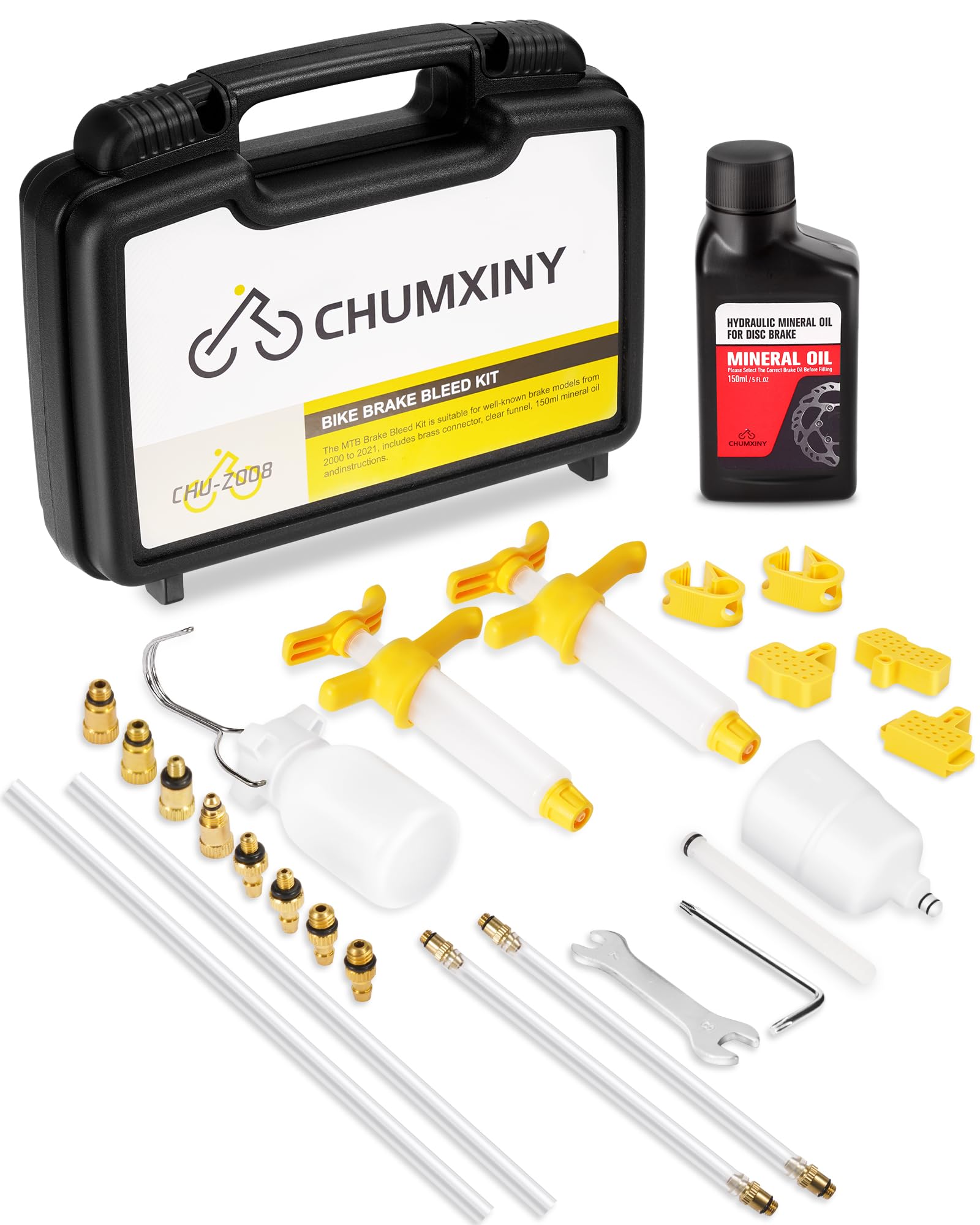 مجموعة CHUMXINY لتصريف سائل الفرامل لفرامل الأقراص الهيدروليكية من Shimano و TEKTRO و TRP. تتضمن مجموعة تصريف سائل الفرامل الهيدروليكية للدراجات الهوائية موصلًا نحاسيًا، وسائل فرامل زيت معدني سعة 150 مل.