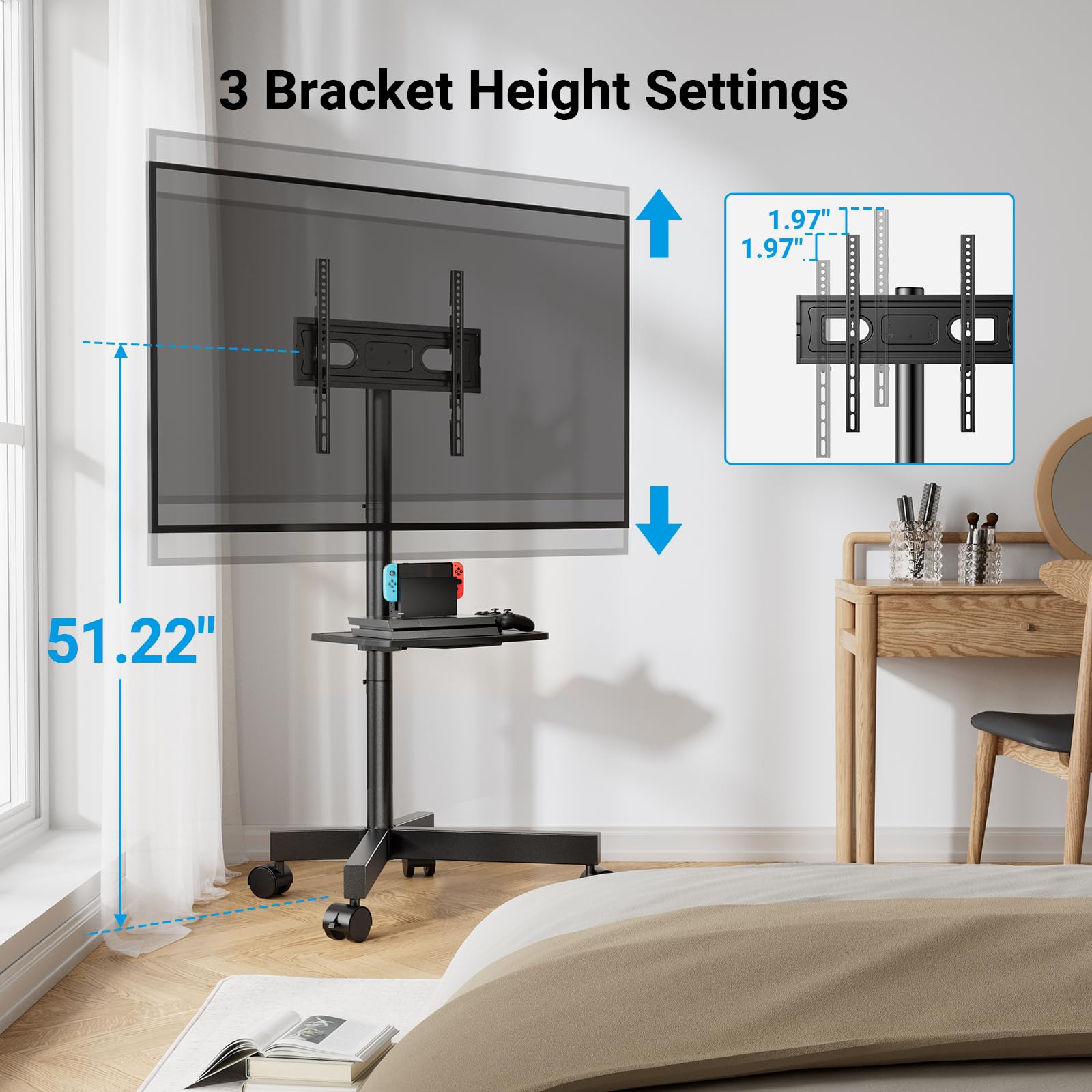 PERLESMITH Mobile TV Stand for 23-60 Inch LCD LED Flat/Curved Screen TVs, Tilt TV Cart Holds up to 88Lbs, Portable TV Stand with Laptop Shelf, Rolling TV Floor Stand Max VESA 400x400mm (PSTVMC06)