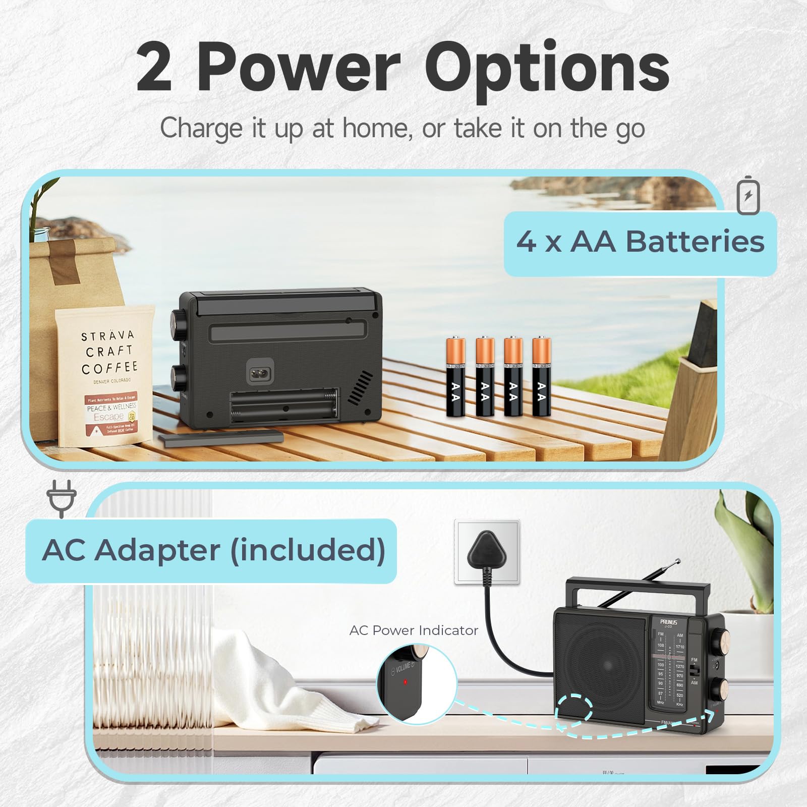 PRUNUS J-03 AM FM Radio Portable Plug in Wall or AA Battery Operated for Home/Outdoor, Large Speaker Excellent Sound, Excellent Reception 19.5 ant, Large Tuning Knobs for Easy to Use,Gifts for Seniors