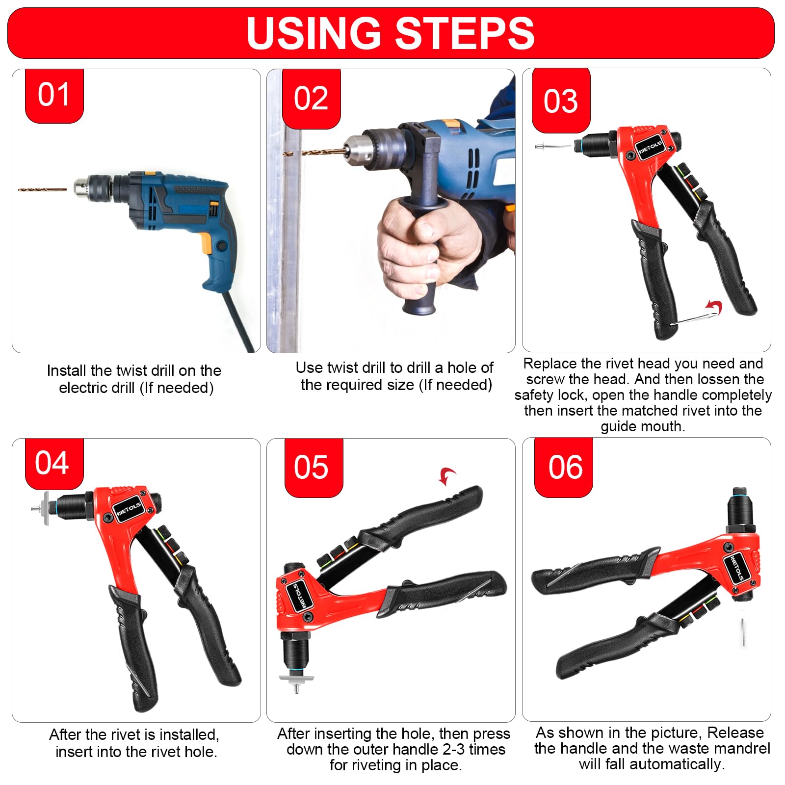 WETOLS Pop Rivet Gun Kit with 200 Blind Rivets, Upgraded Manual Single Hand Riveter with 4 Tool-Free Interchangeable Rivet Heads and 4 Drill Bits, Pop Rivet Tool Kit with Sturdy BMC Carrying Case