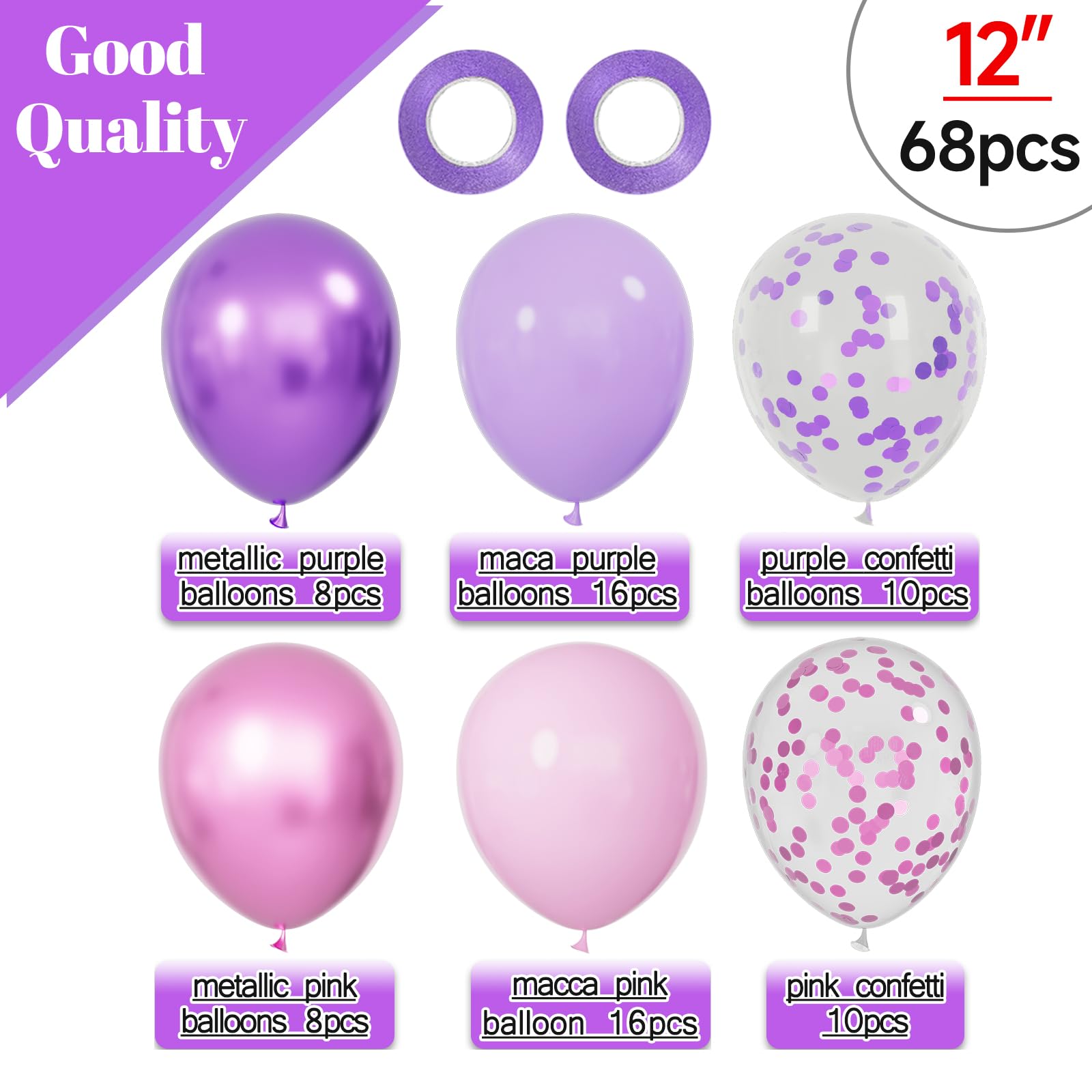68Pcs Pink and Purple Balloons 12 Inch Metallic Purple Pink Latex Balloon Confetti ballons with Ribbons Party Balloons for Wedding Girls Birthday Baby Shower Decorations.