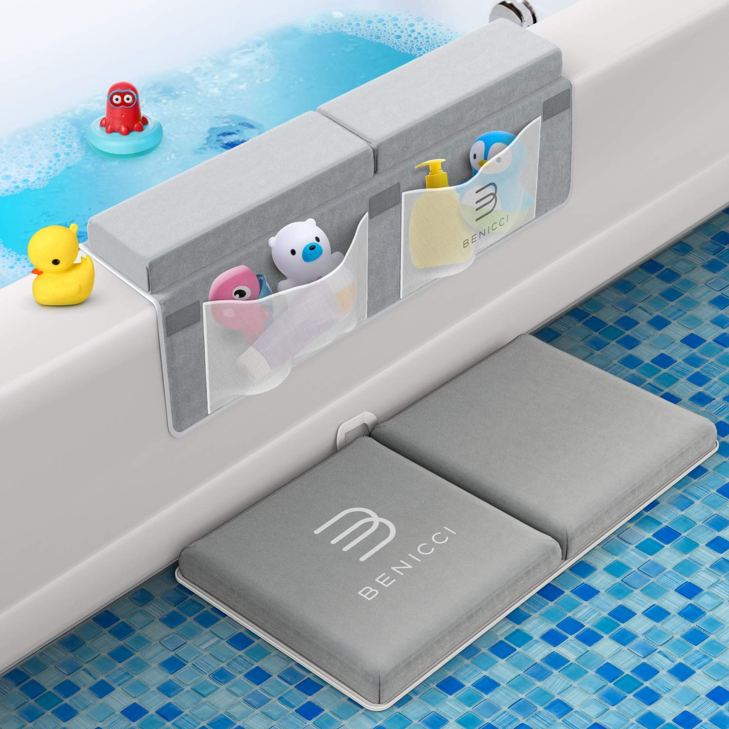 Benicci Comfortable Bath Kneeler and Elbow Kneeling Rest Pad for Baby Bathing Parents - Painless Foam Mat with Toy Organizer Pockets - Quick Drying, Foldable, Non-Slip for Baby and Toddler Bathing