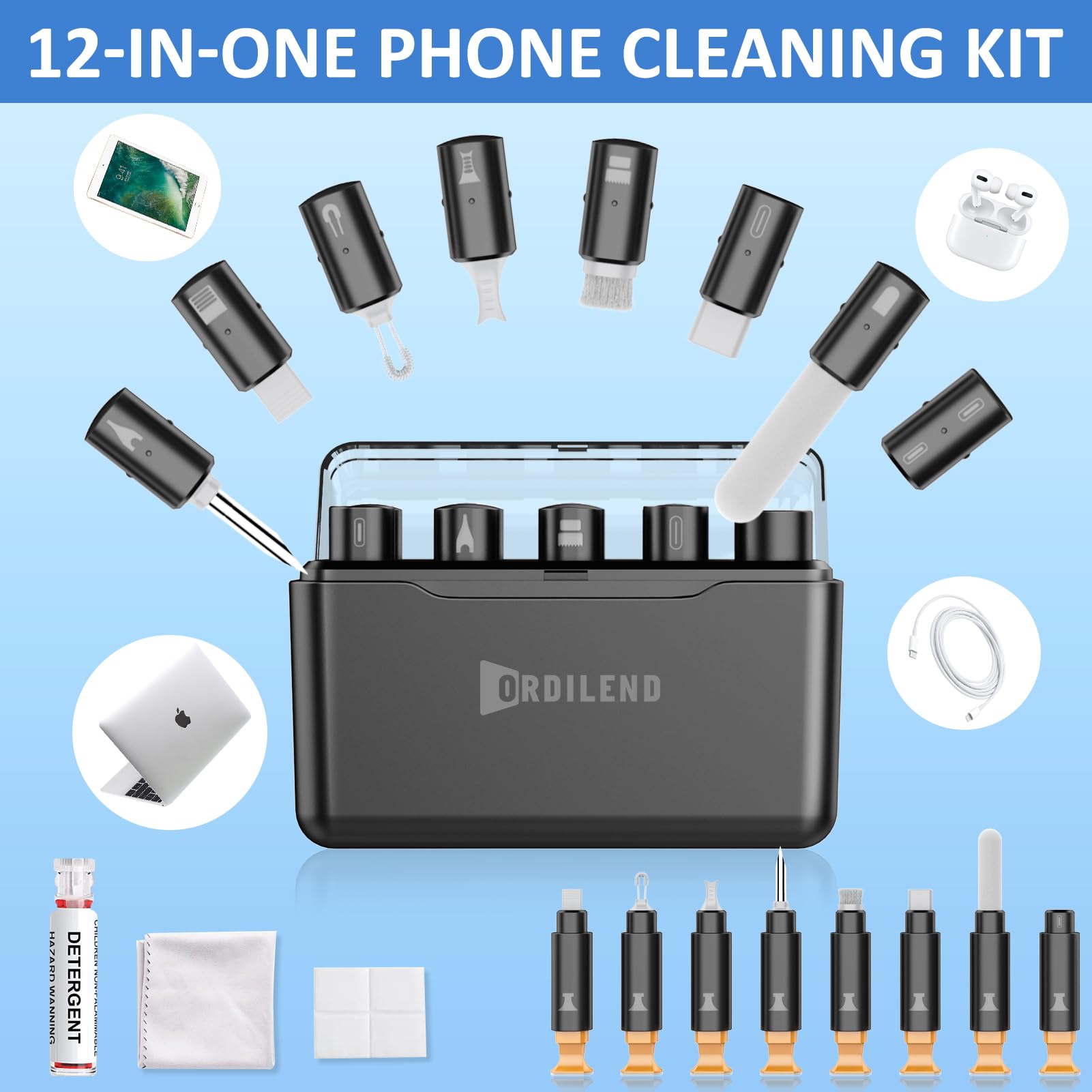Ordilend for iPhone Cleaning Kit for Charging Port Cleaner, Cleaner Kit for AirPod Multi-Tool iPhone Cleaner Repair Lightning Cable for iPad Connector Airpod Speaker Compact Portable with Storage Case