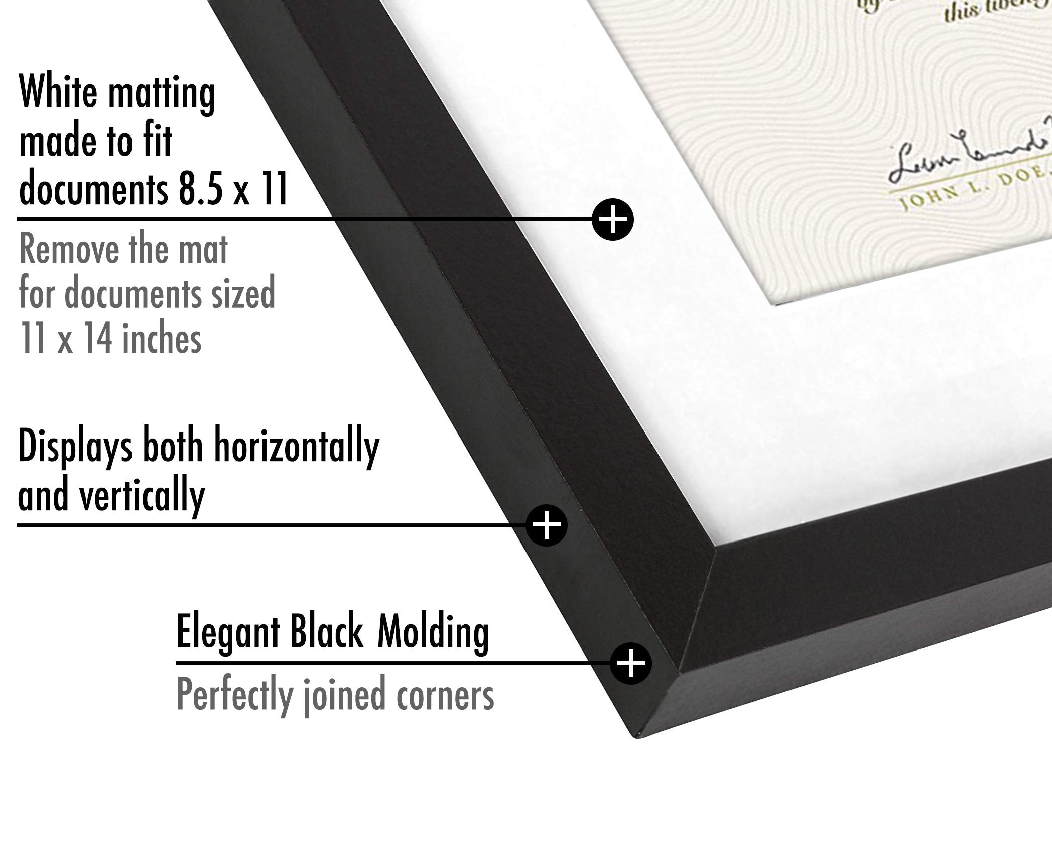 Americanflat 11x14 Diploma Frame with Shatter-Resistant Glass - Use as 8.5x11 Frame with Mat or Display 11x14 Documents Without Mat - Legacy Collection - Certificate Frames for Wall Display - Black