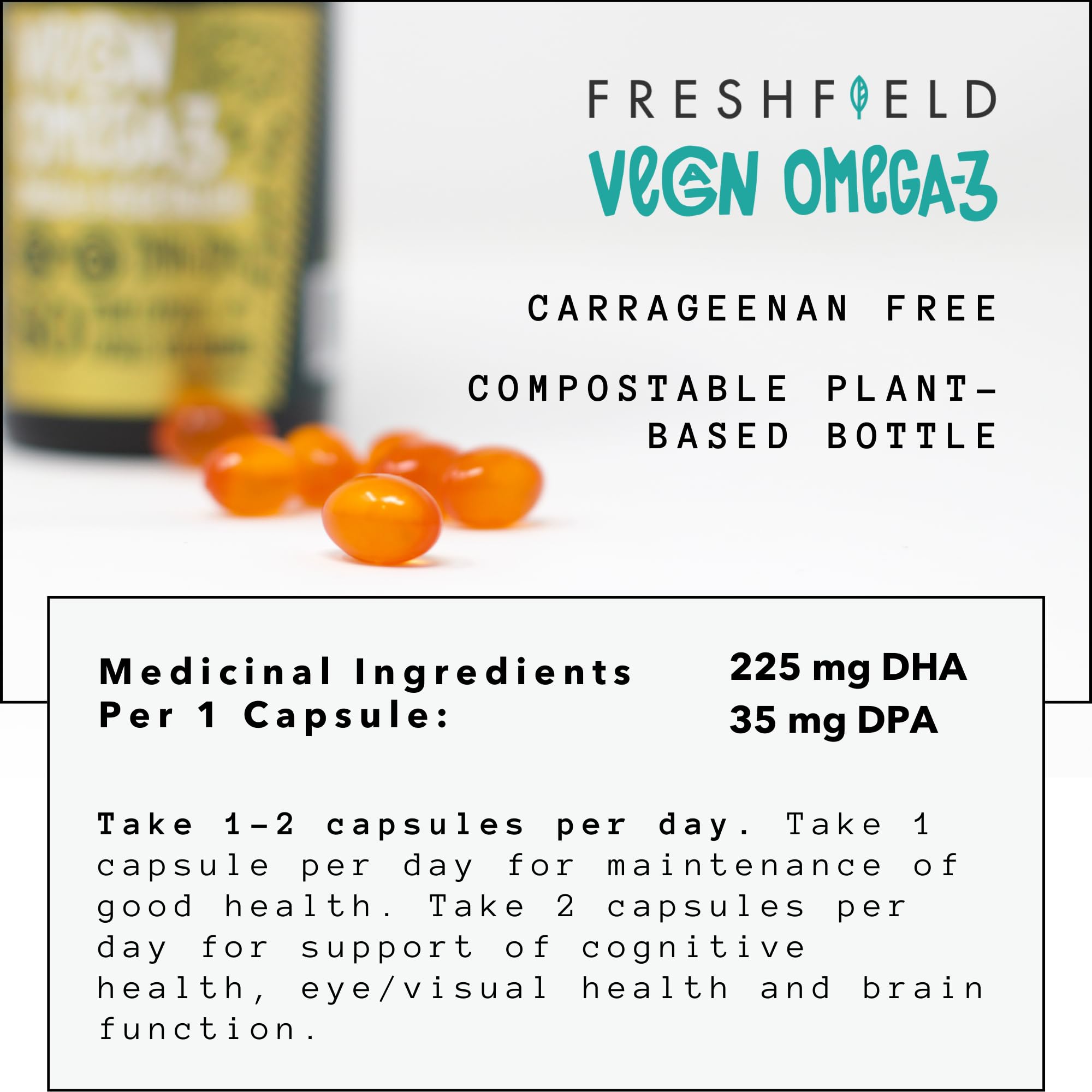Freshfield Vegan Omega 3 DHA: Algae Oil, Most Reviewed, Carrageenan Free, Sustainably Sourced, Tested, No Heavy Metals, Fish Oil Alt, Plant Based Omega. Supports Heart, Brain, Joint Health w/DPA