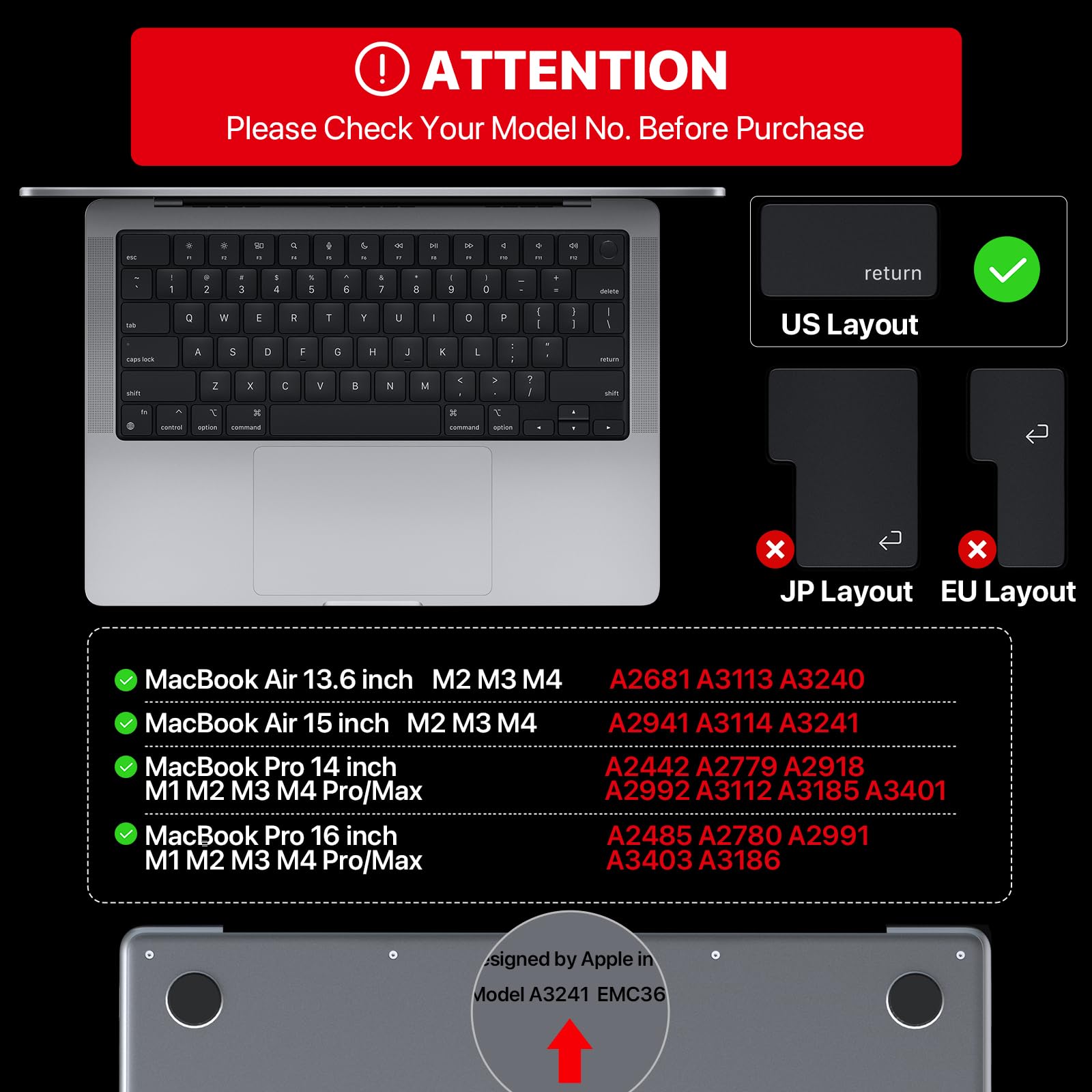 Soonjet Premium Keyboard Cover Protector, Ultra Thin Keyboard Skin for M2 M3 M4 MacBook Air 15", M2 M3 M4 MacBook Air 13.6", 2024 2023 2022 2021 MacBook Pro 14" 16" M4 M3 M2 M1 Chip Pro/Max
