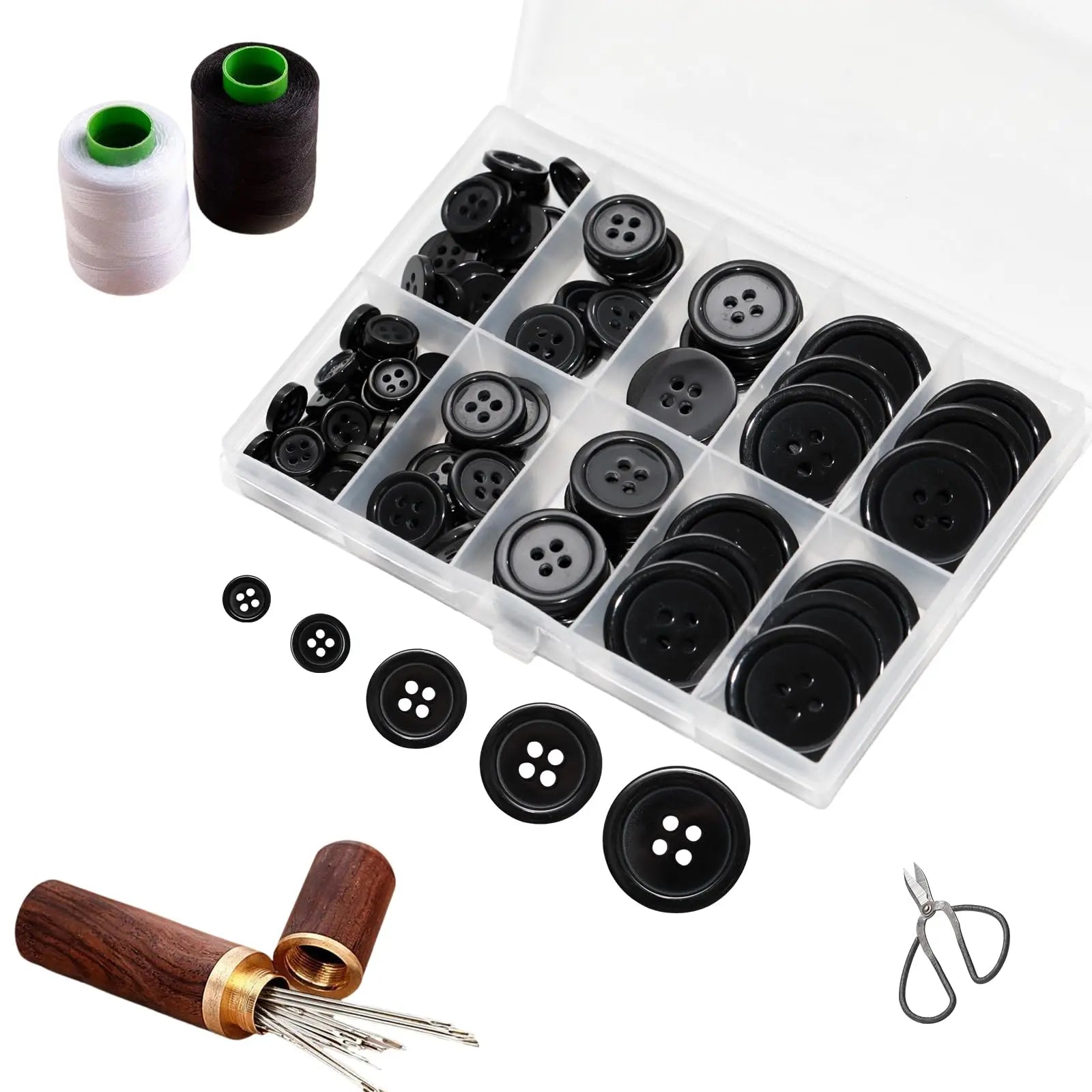 Lilaly 100 pcs Black Buttons for Crafts, 5 Sizes Mixed Round Sewing Buttons for Clothes, Suitable for for DIY Crafts, Coats, Shirts, Pants, Shorts